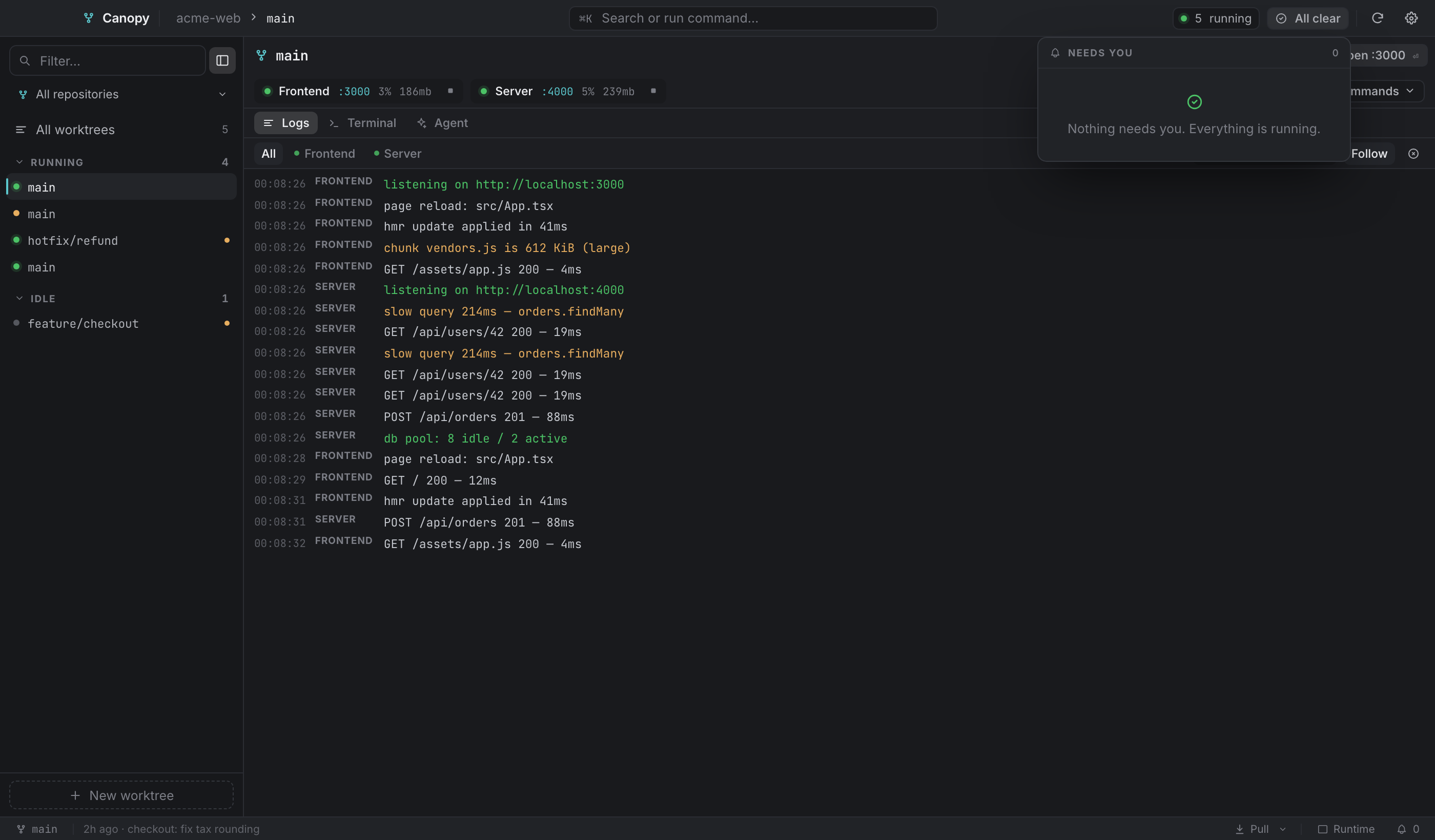 The attention queue: crashes and failed background jobs first, then blocked agents, then completions.