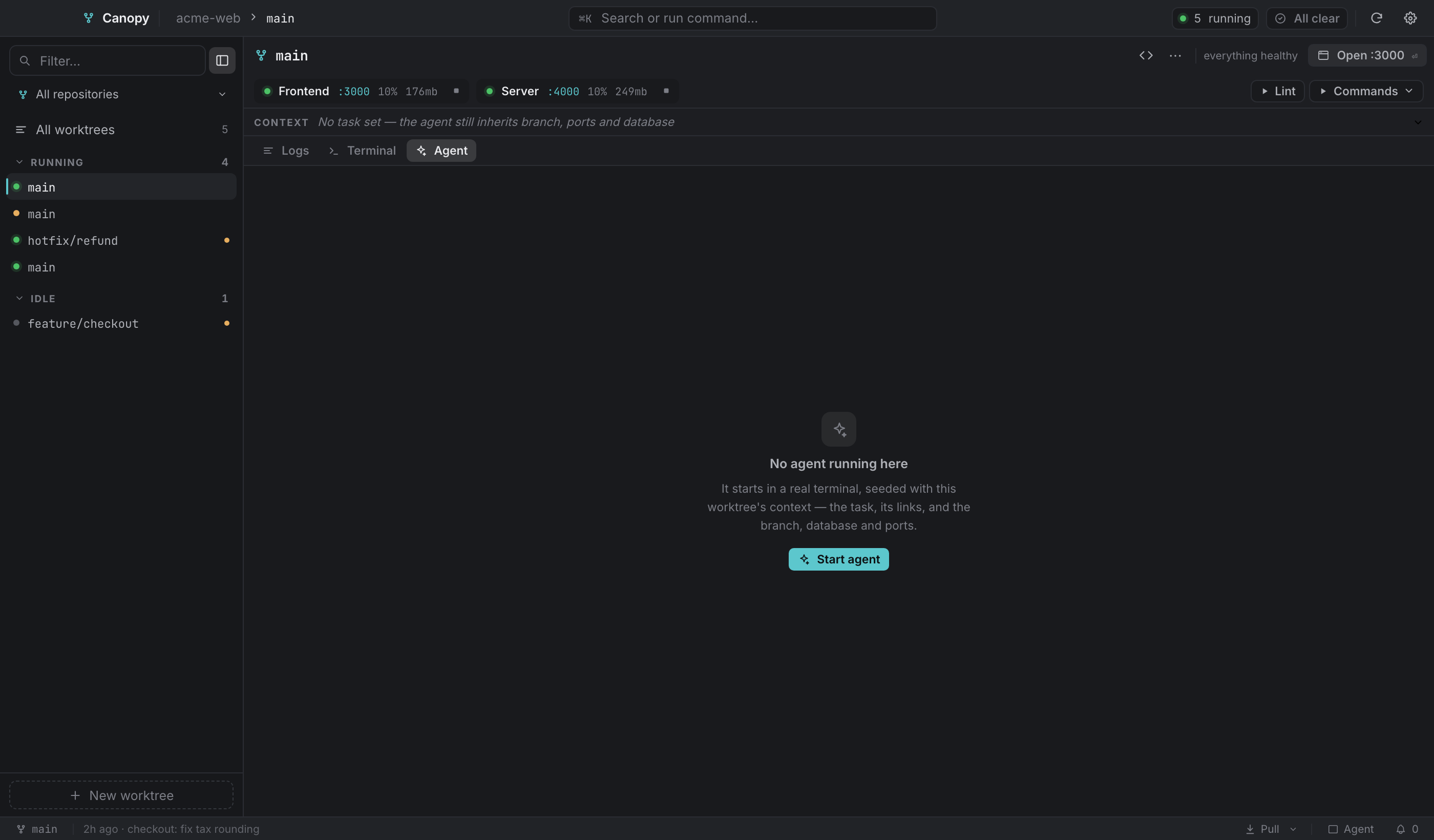 The Agent pane: the context bar above, and the empty state below.