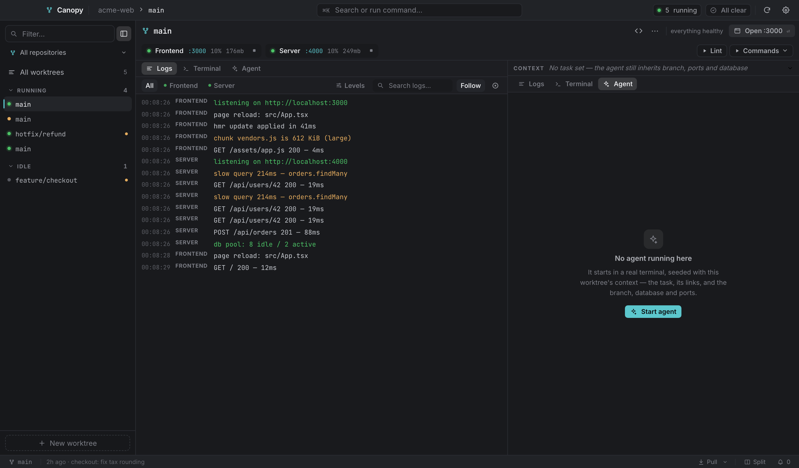 The split layout (⌘2): logs on the left, the agent pane on the right, with a draggable divider.