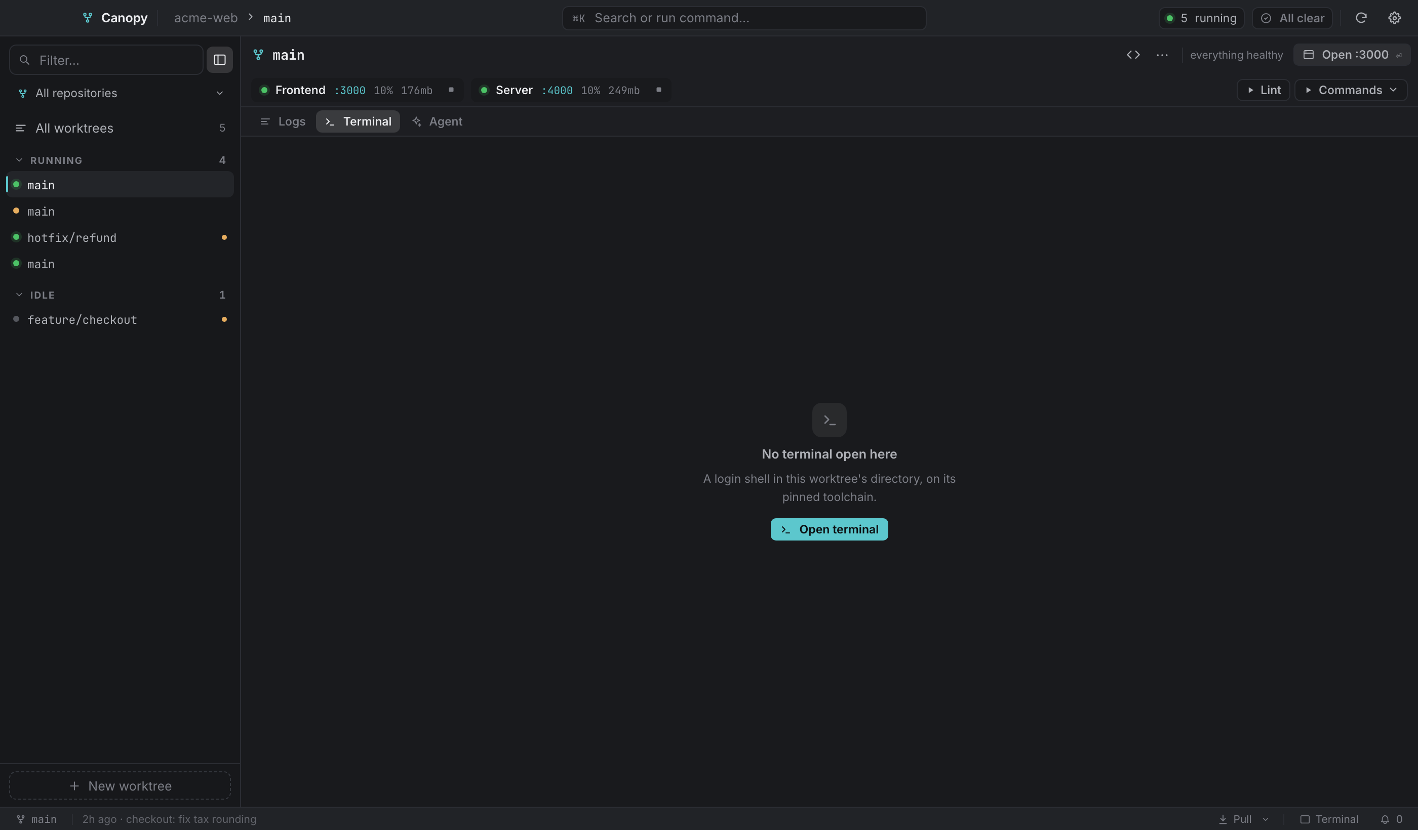 The Terminal pane with no session open.