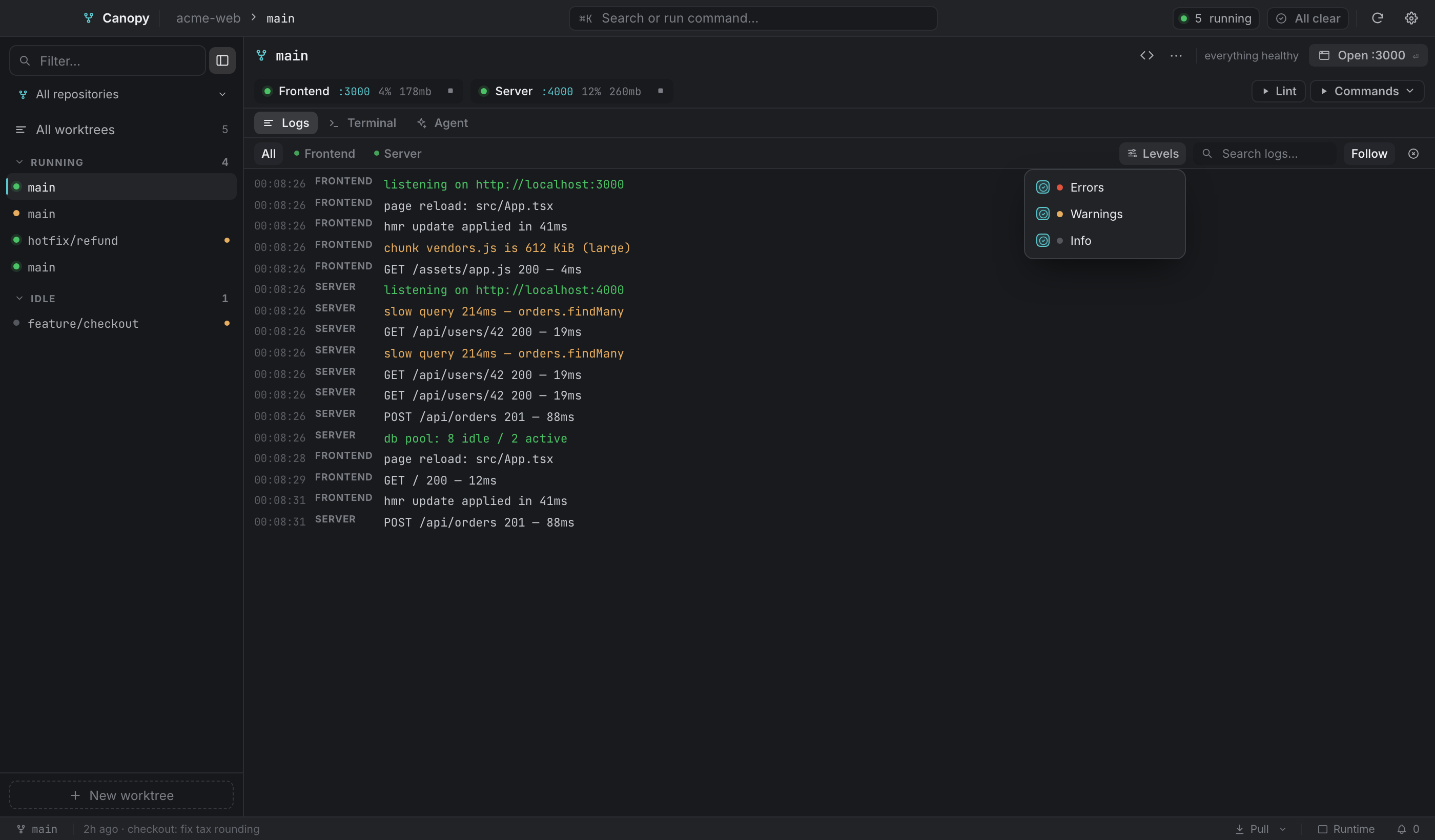 The level filter: Errors, Warnings and Info, with `ok` lines folded into Info.