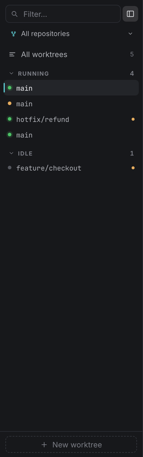 The sidebar: worktrees grouped by state, with quick actions on each row.