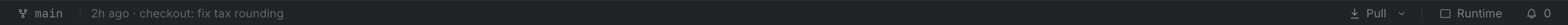 The status bar: branch, git state, the last commit, and the Pull control with its submodule menu.