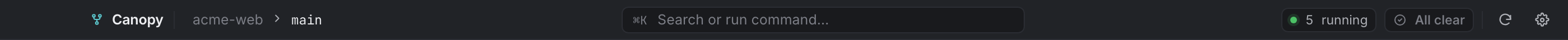 The top bar: breadcrumb, command palette, running count, attention queue, Sync and Settings.
