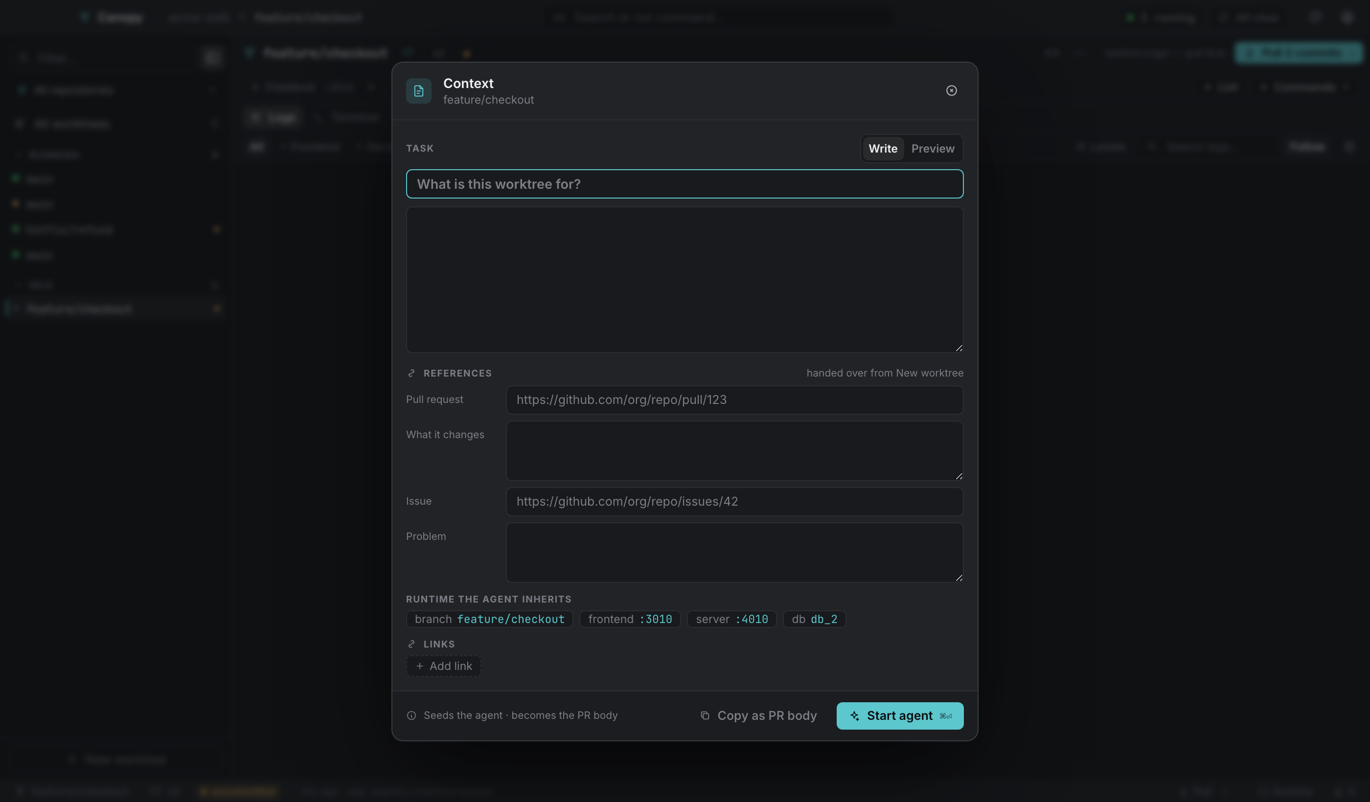 Context: a task, references, the runtime the agent inherits, and links.