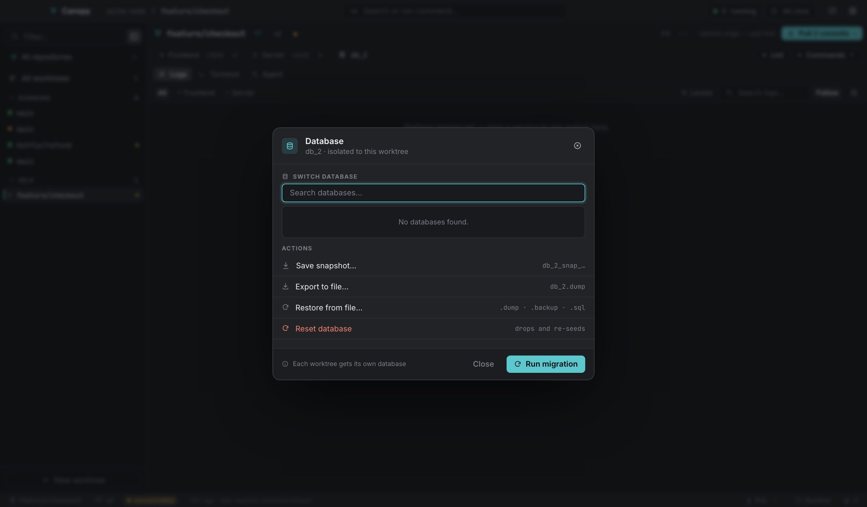 The database dialog: the switcher, then snapshot, export, restore, and reset.