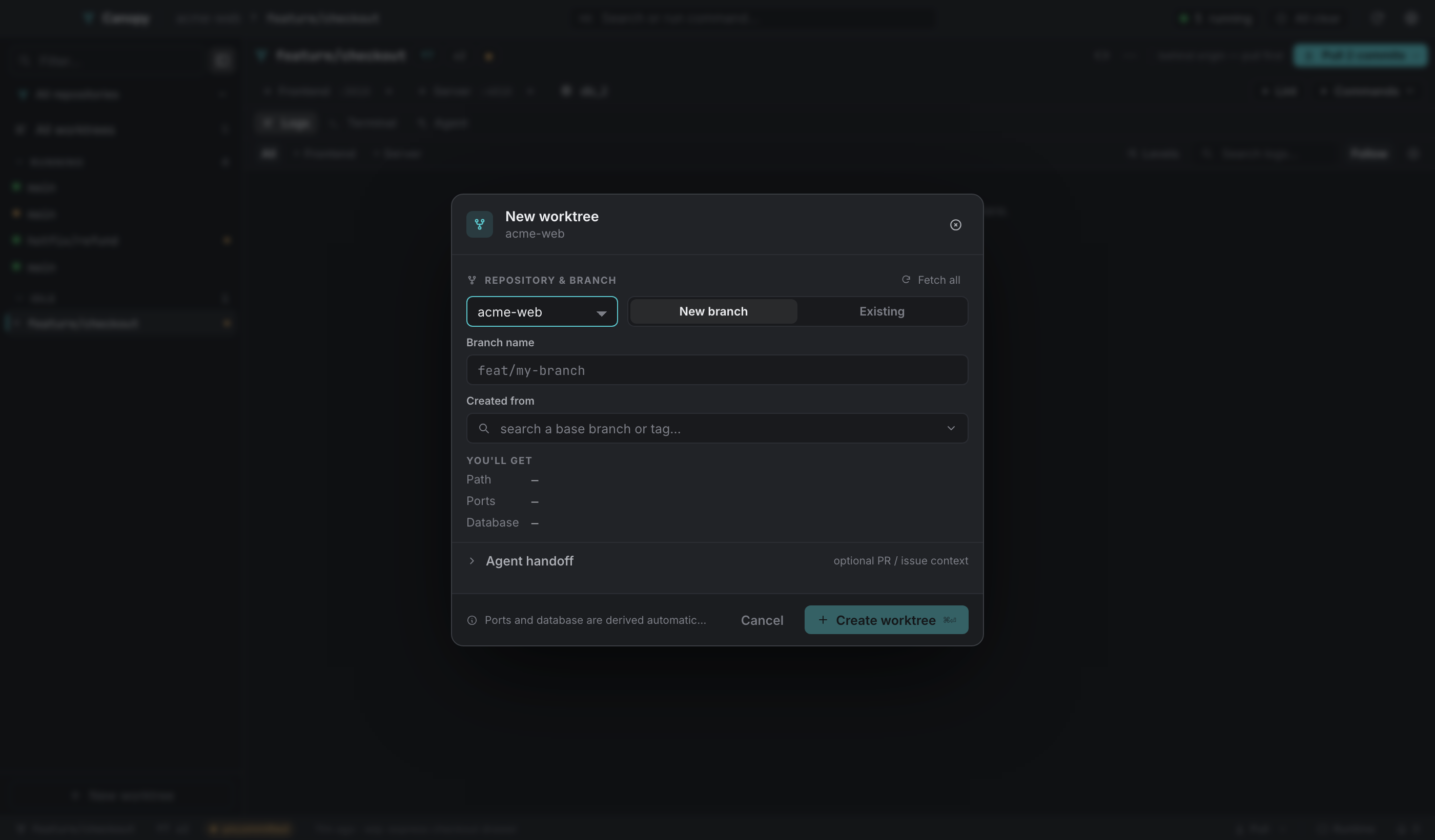 New worktree: repository, mode, ref, destination, and an optional agent handoff.