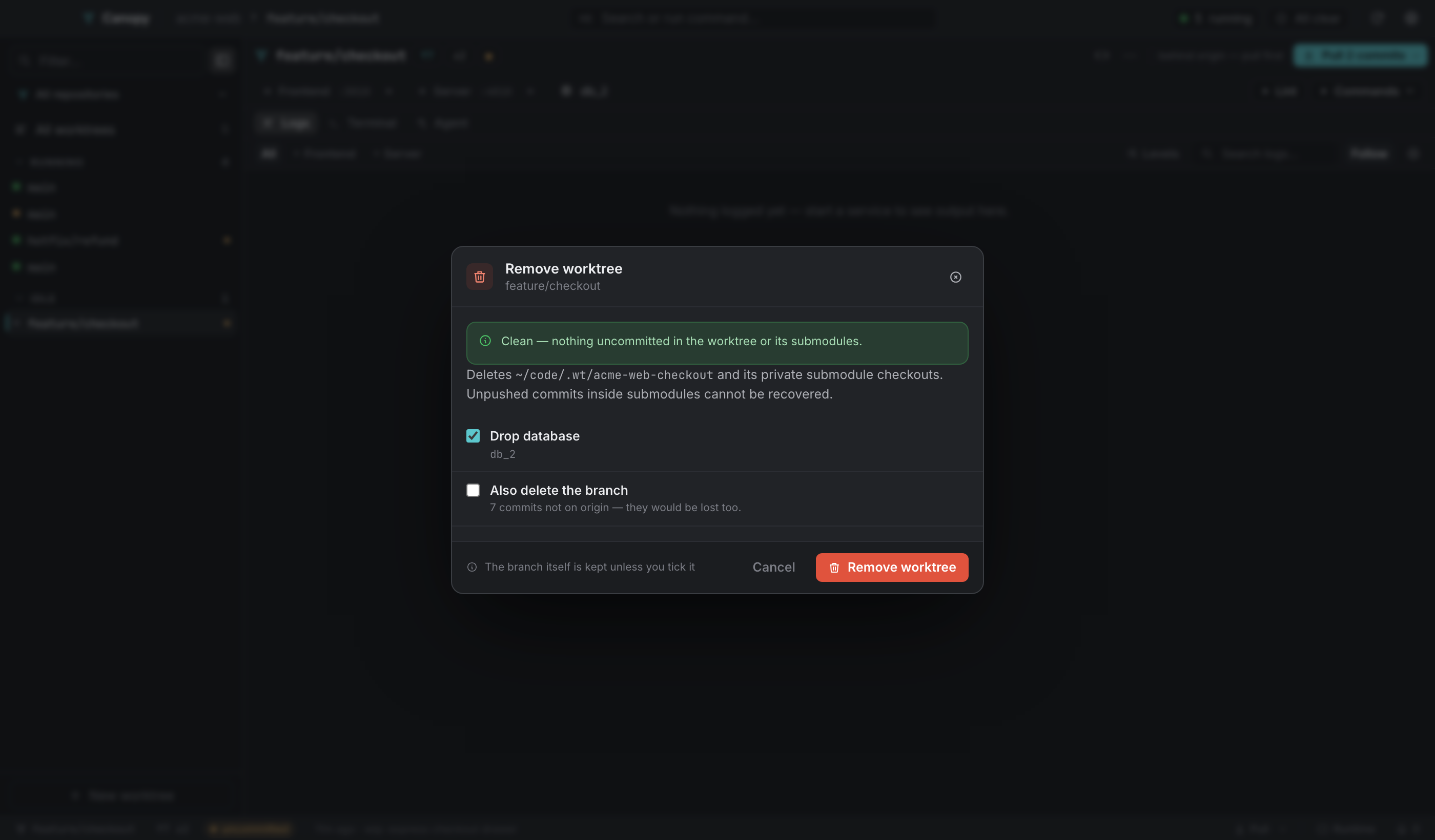 Remove worktree: the dirty precheck lists what would be lost.