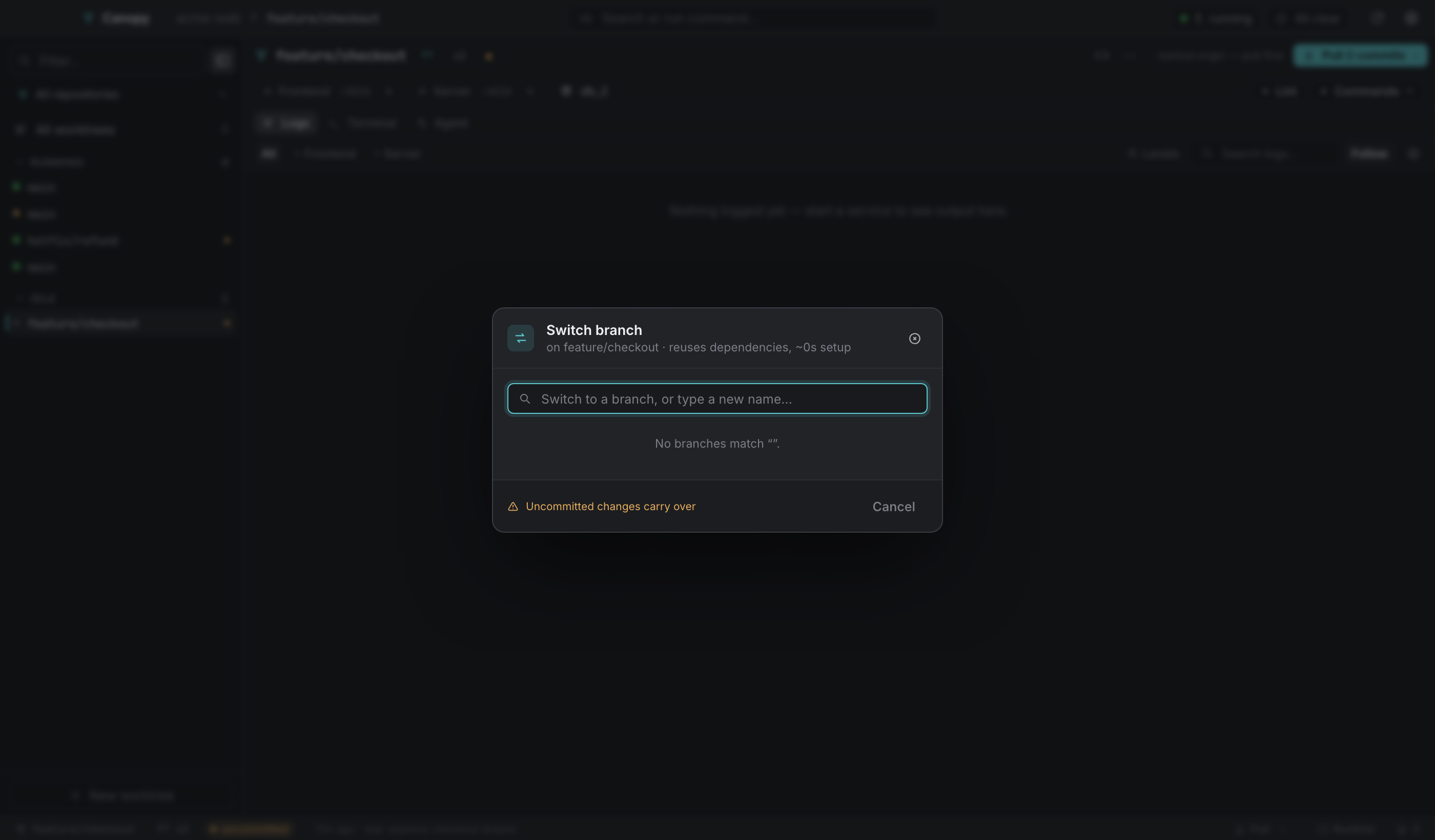 Switch branch: type to filter, or type a new name to create one off the current branch.
