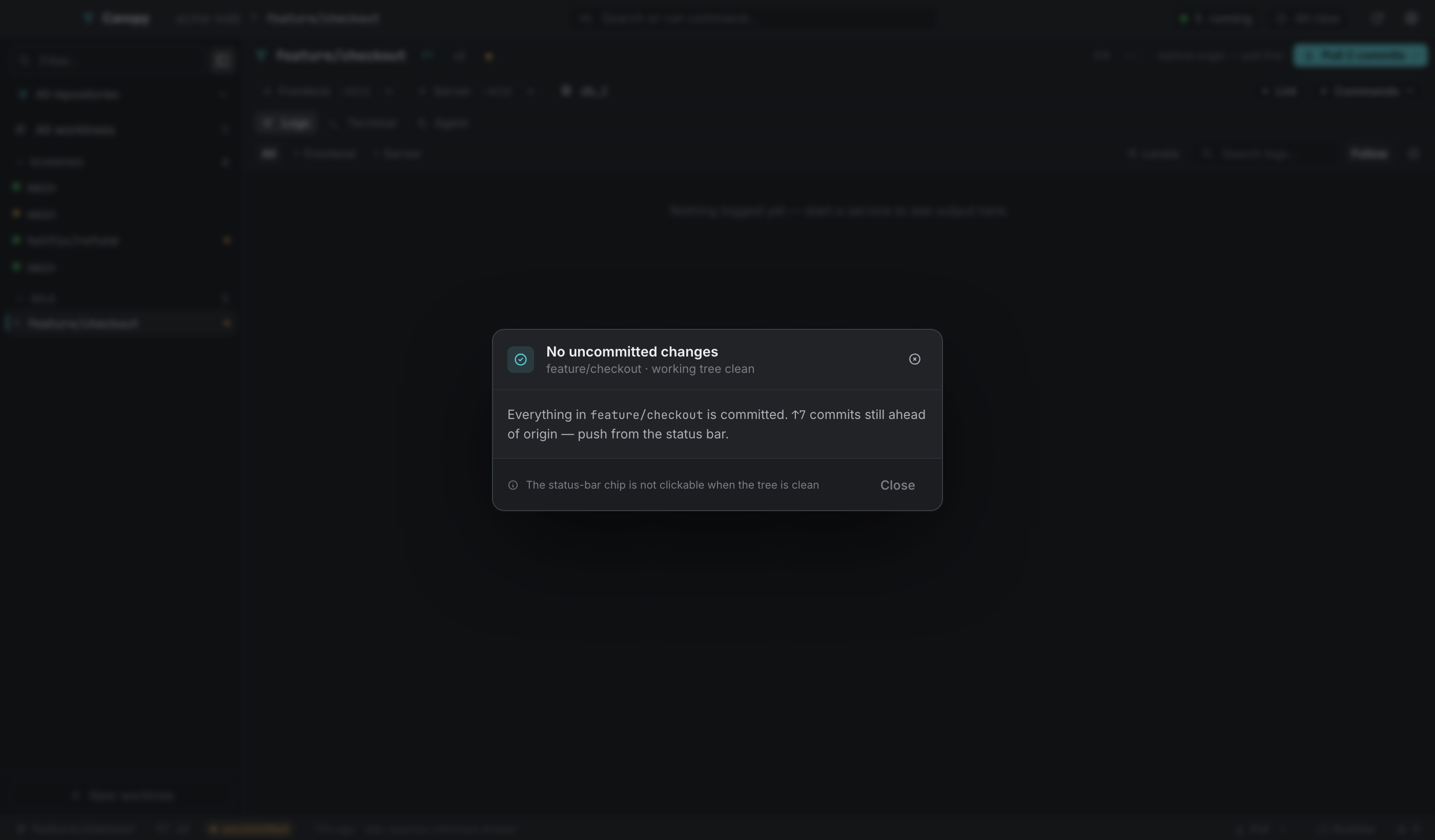 The uncommitted-changes dialog with a clean working tree. The status-bar chip is not clickable in this state.