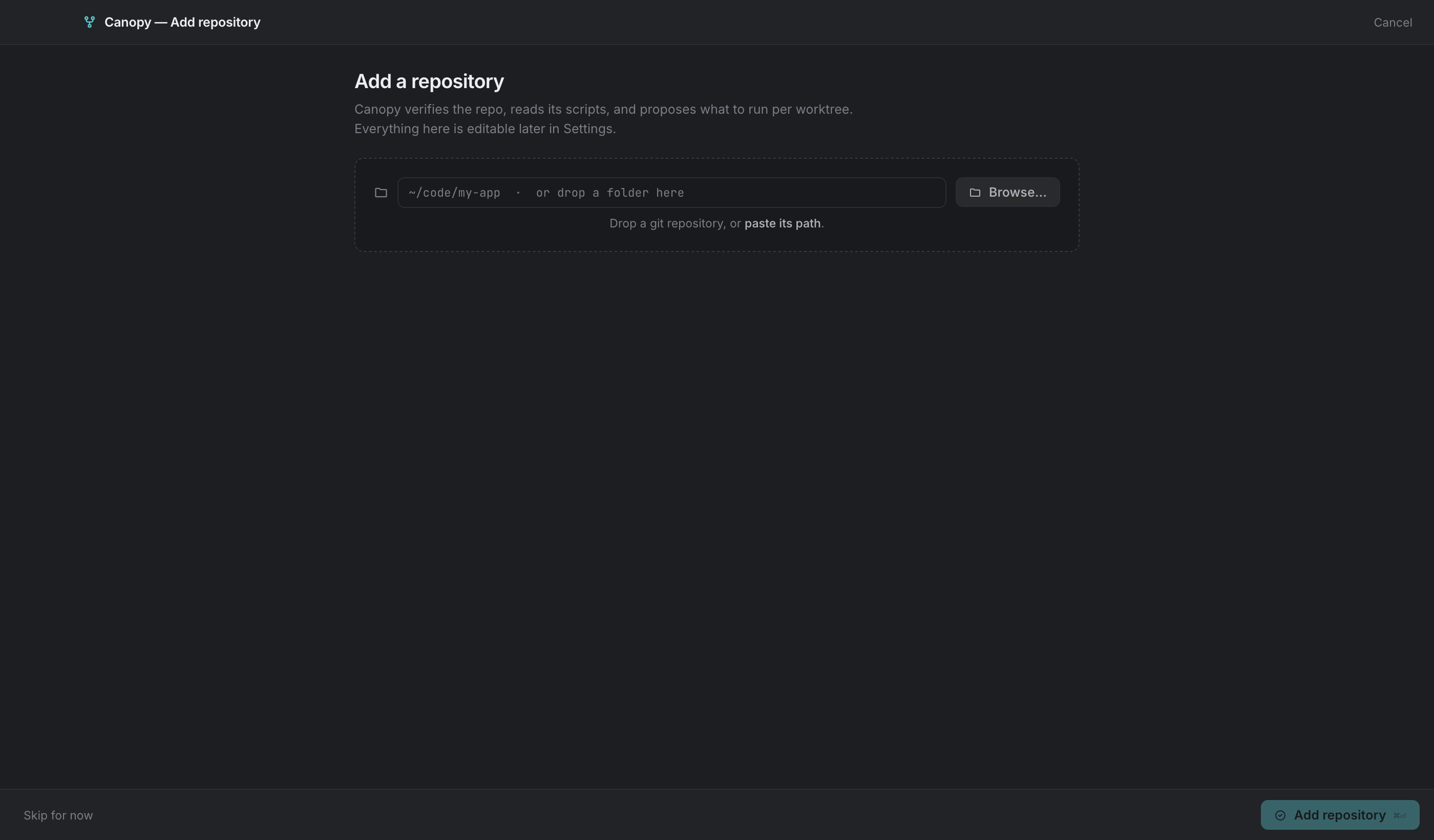 The add-repository screen: the path field also accepts a dropped folder, and detection runs as you type.