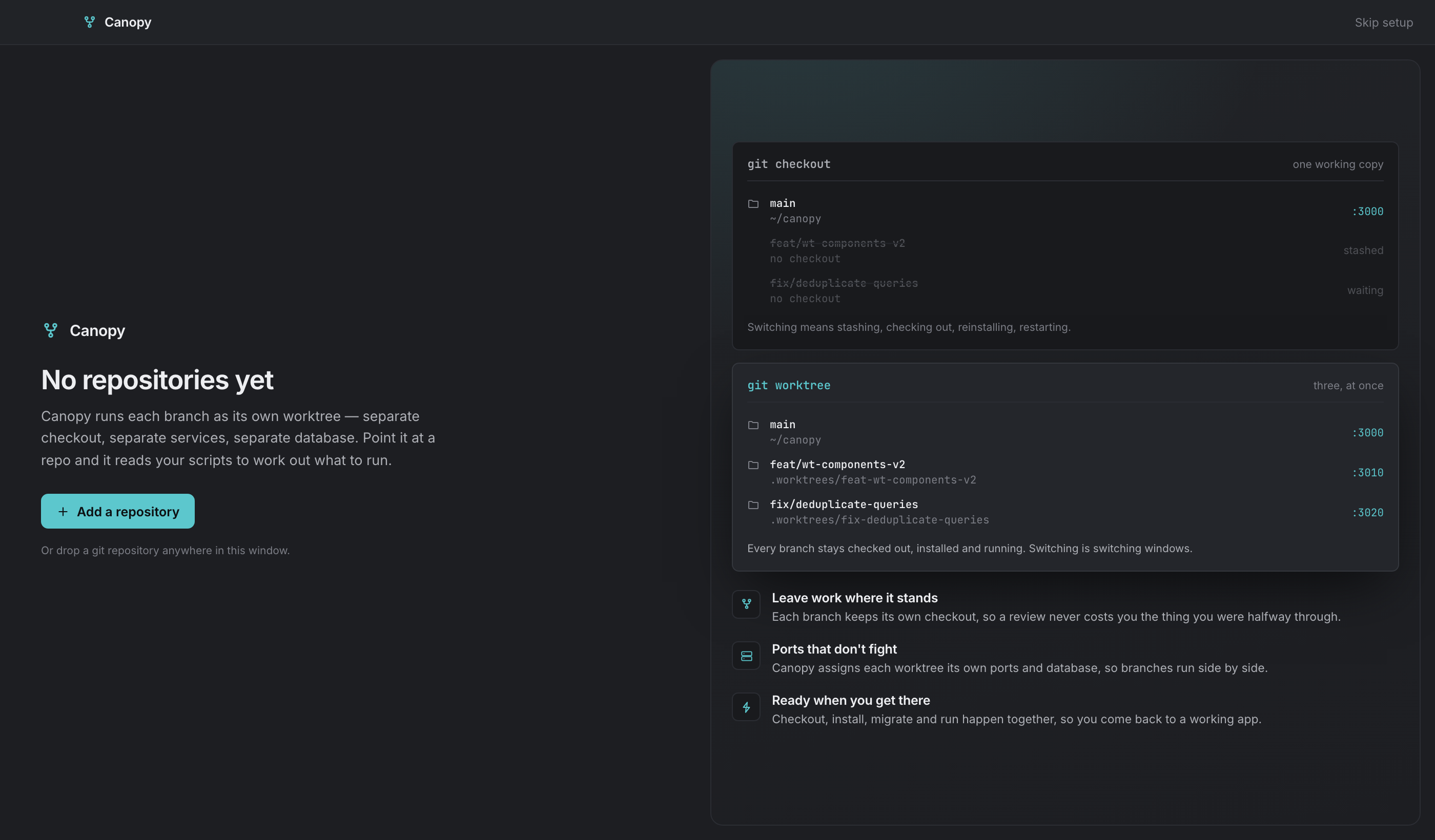 First run: the add-repository prompt, beside a comparison of git checkout and git worktree.