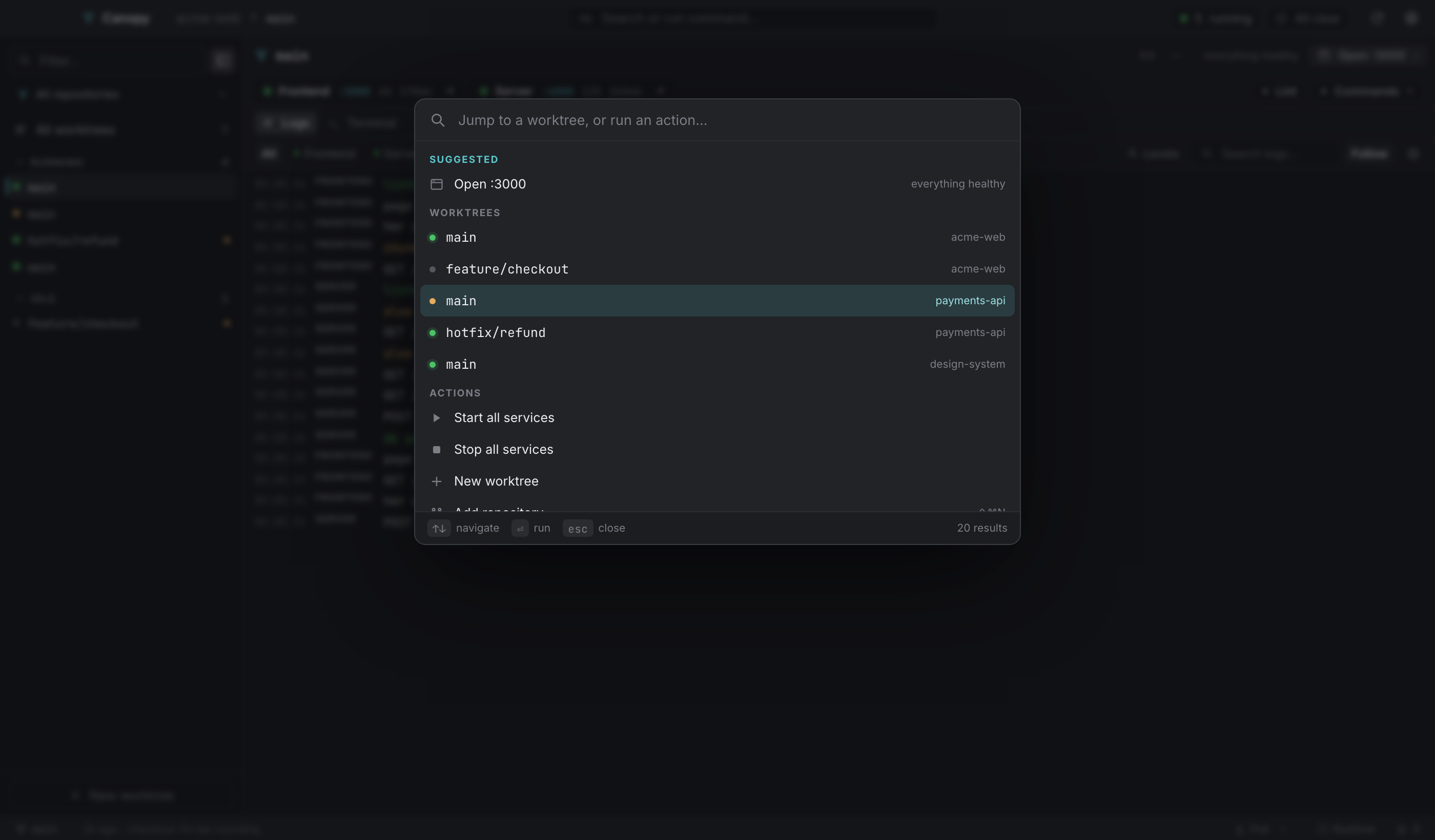 The command palette: suggested actions first, then worktrees, then commands.