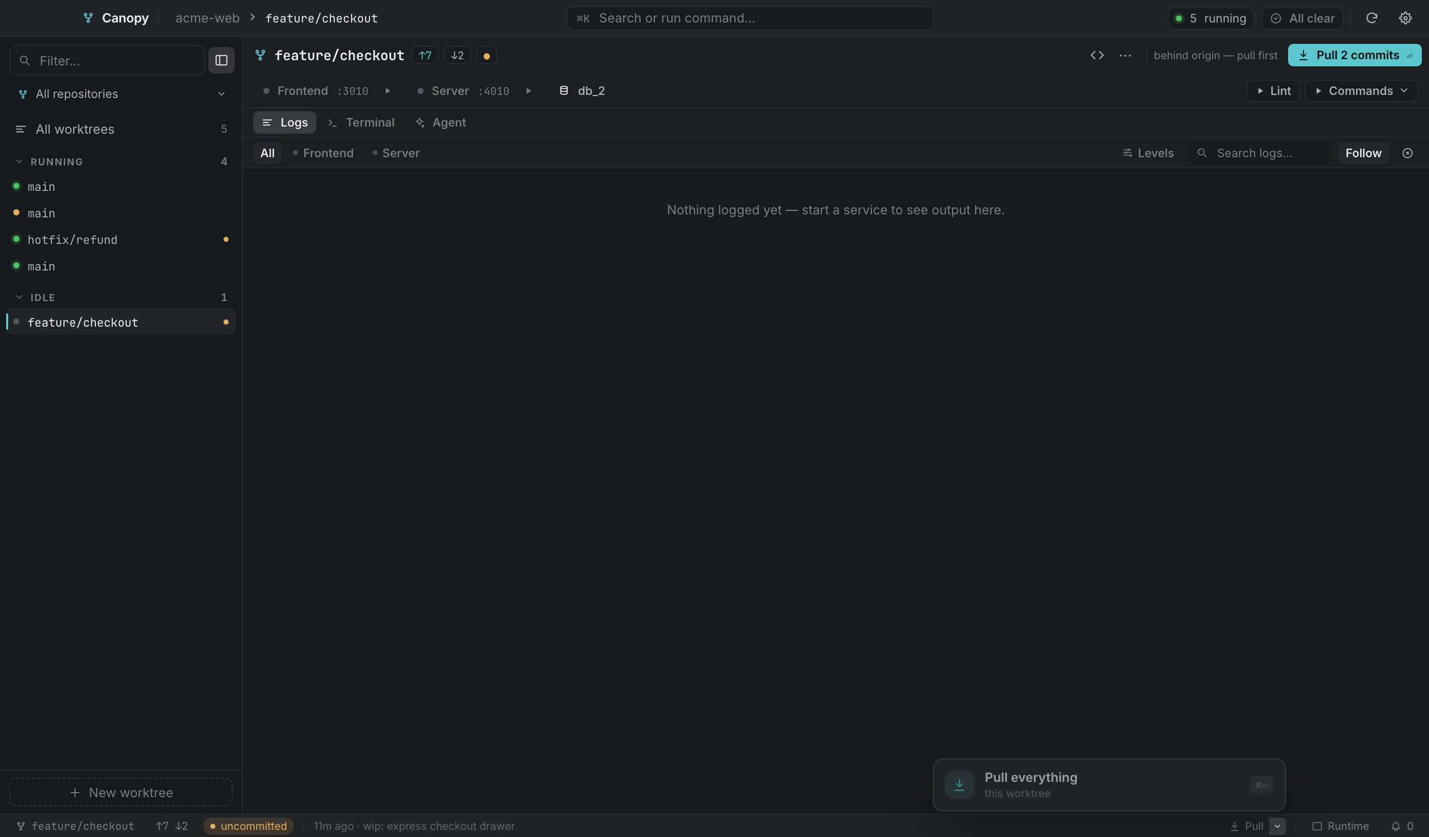 Per-submodule state and control, from the status bar.