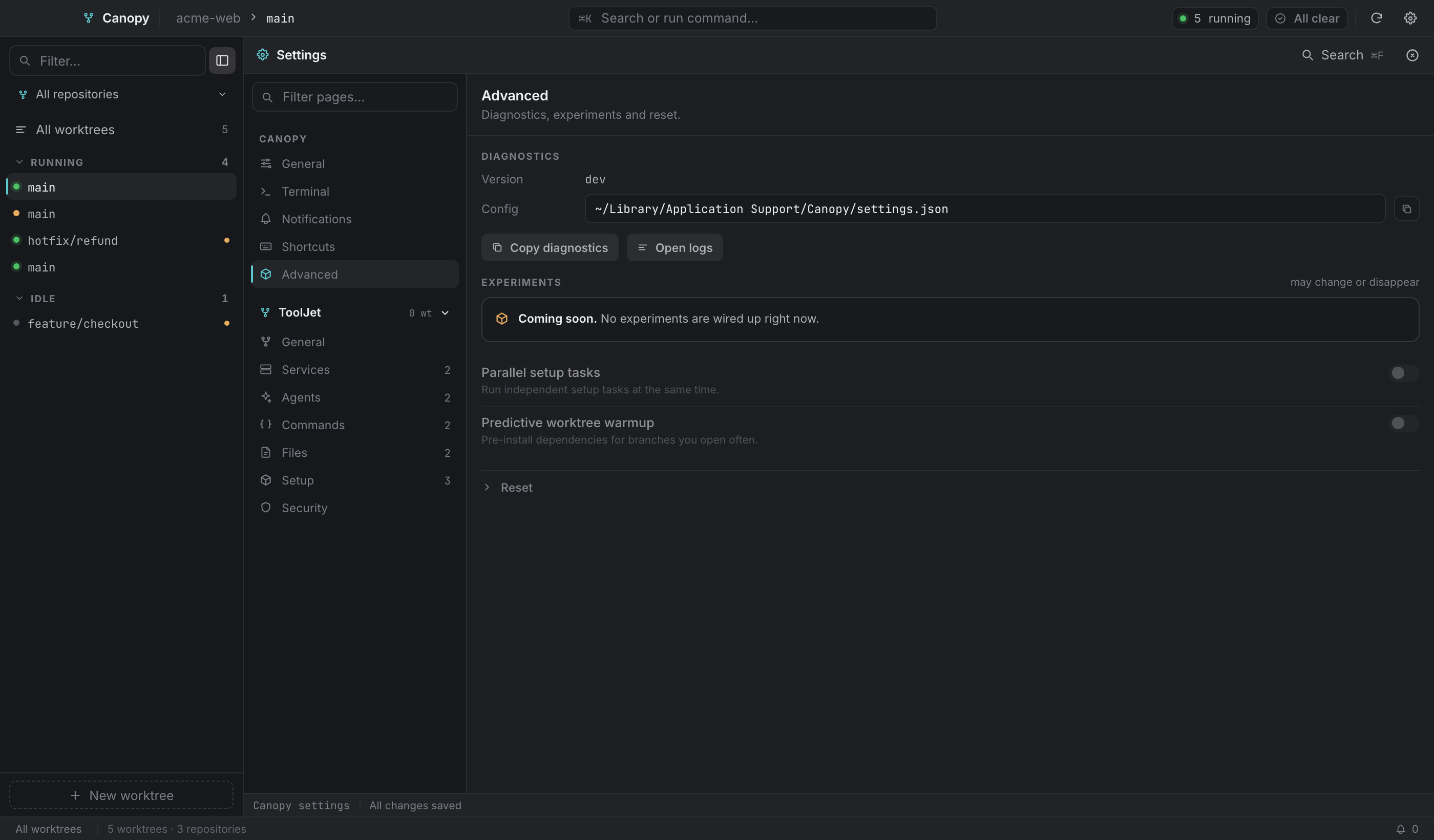 Settings → Advanced: version and config path are live; experiments and reset are not implemented yet.