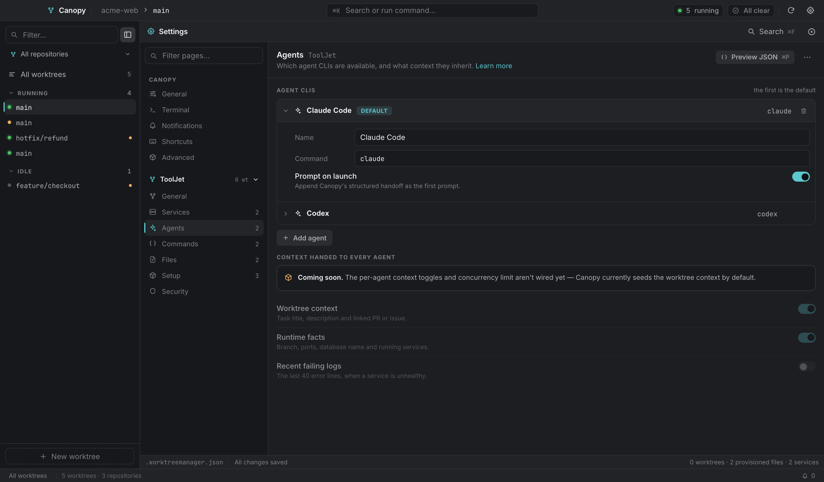 Agent CLIs: the first is the default, and any of them can be promoted.