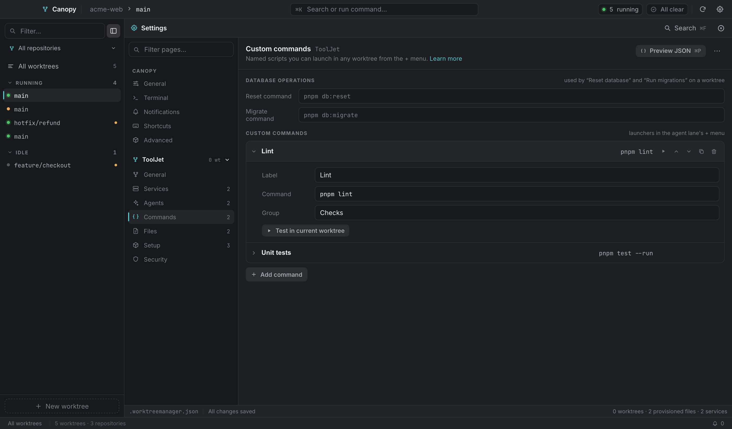 Database operations at the top, then custom commands with groups and a test run.