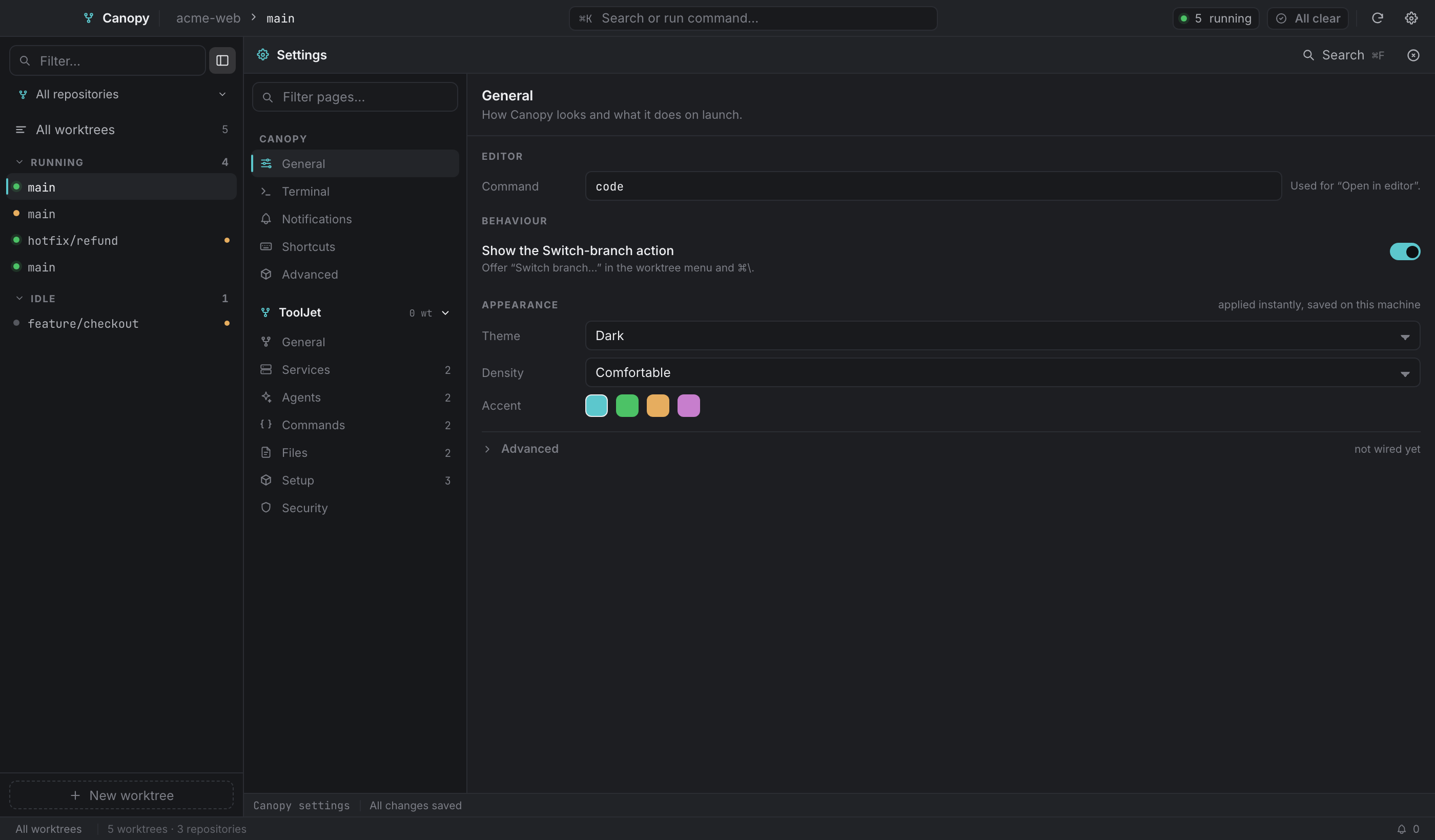 Settings → General: editor command, behaviour, and the live Appearance controls.