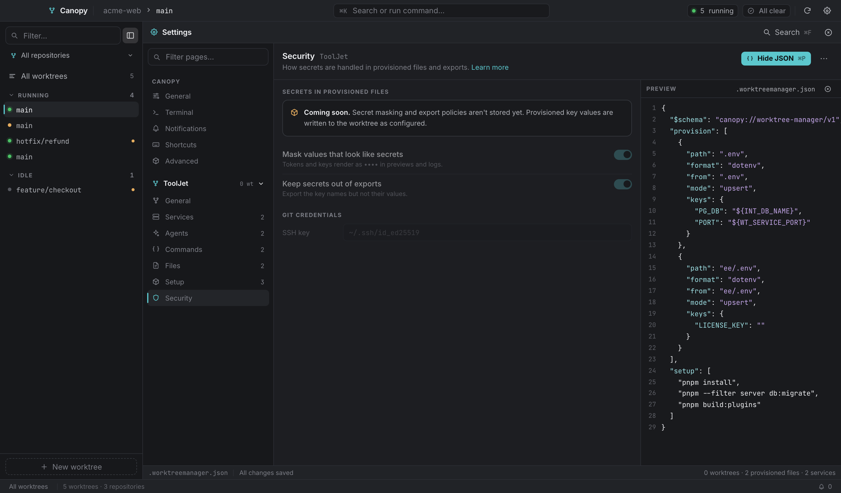 ⌘P shows exactly what will be written to .worktreemanager.json.
