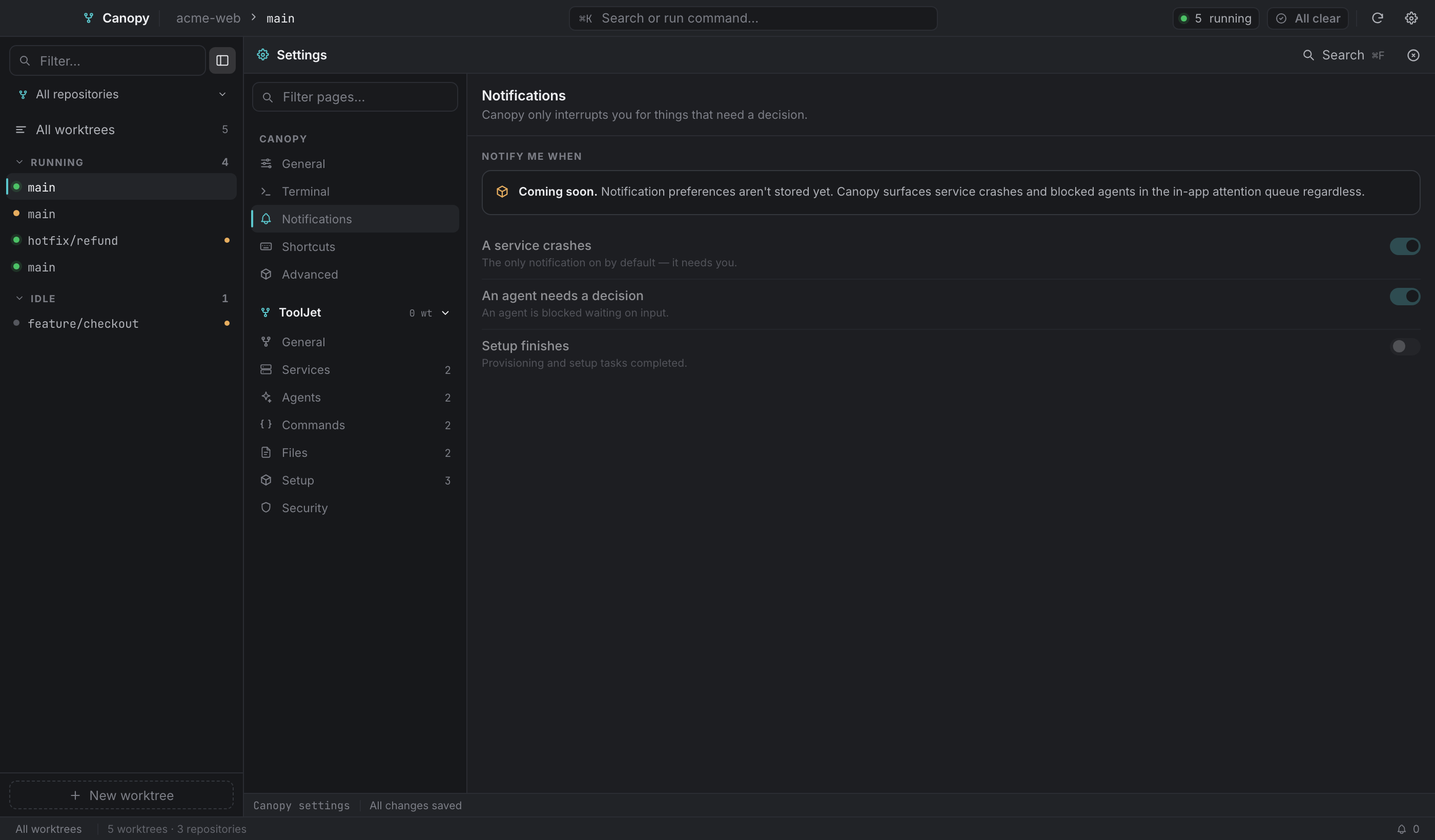 Notification preferences are not stored yet — the attention queue works regardless.