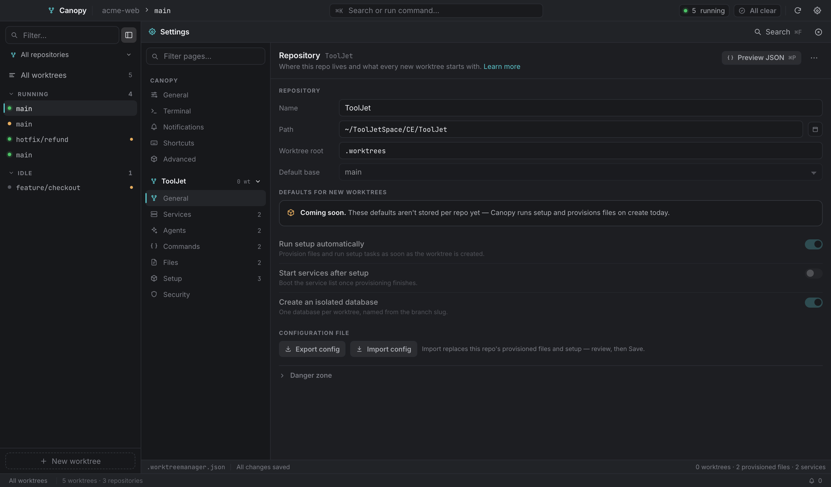Repository → General: paths, defaults, config import/export, and the danger zone.