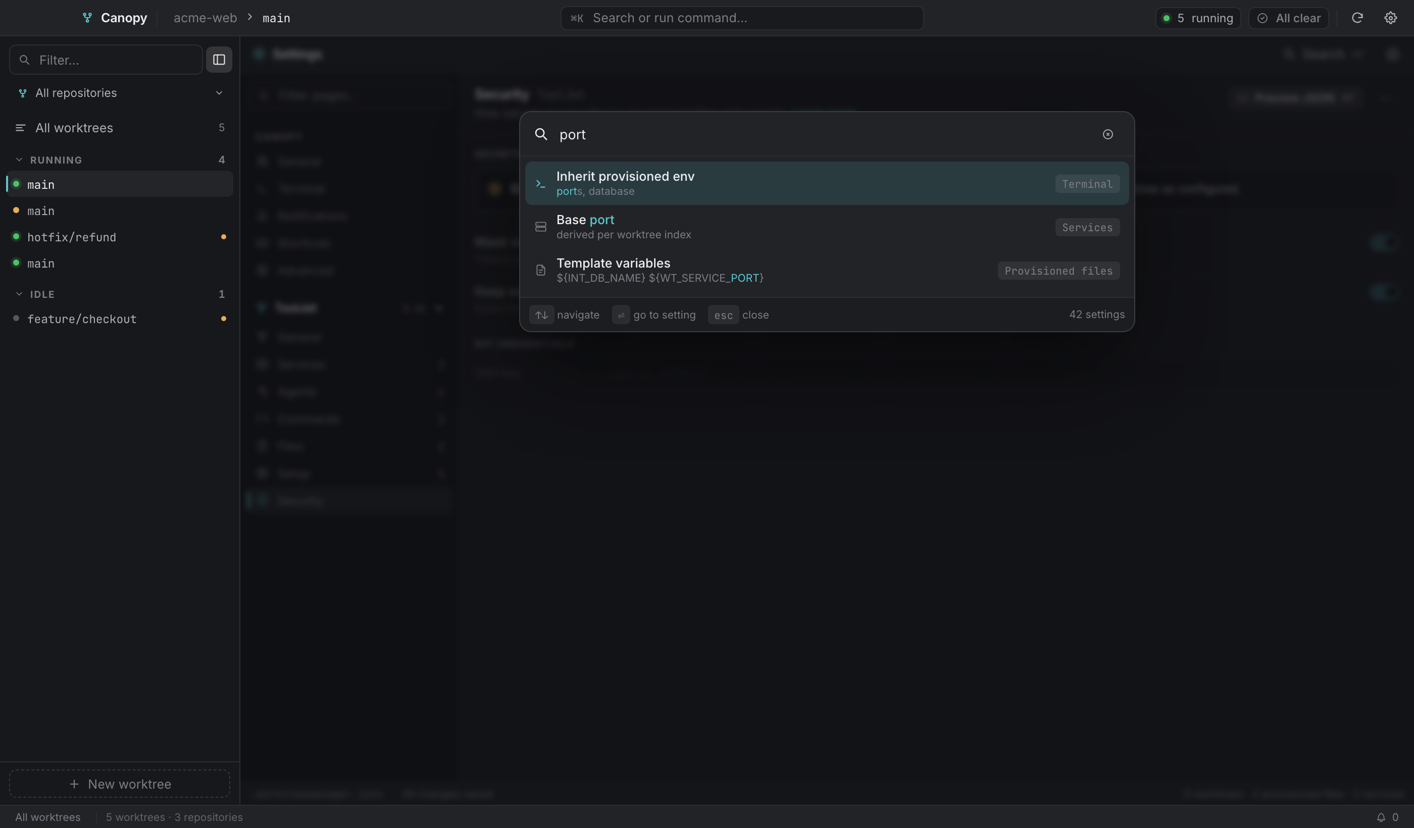 ⌘F searches every setting and tells you which page it lives on.