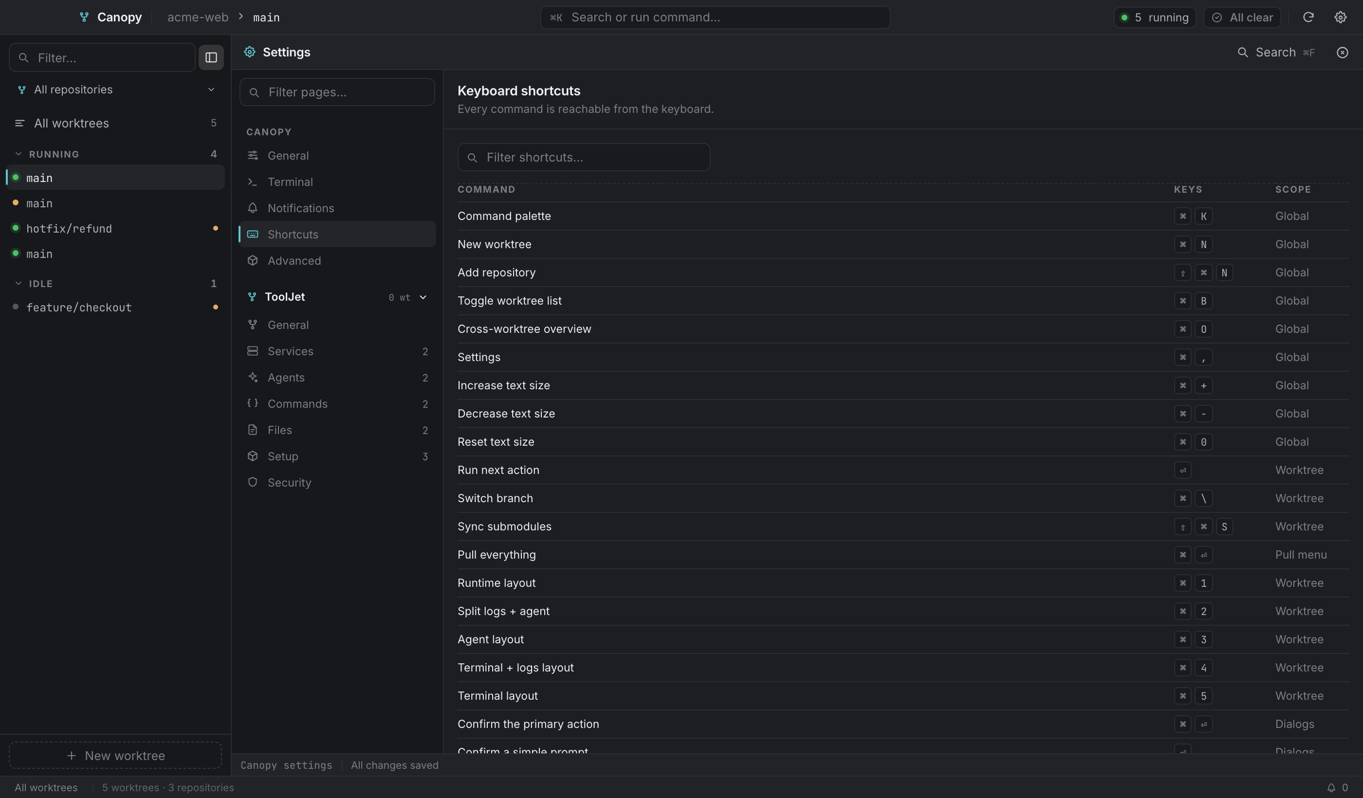 Settings → Shortcuts: the same reference, searchable.