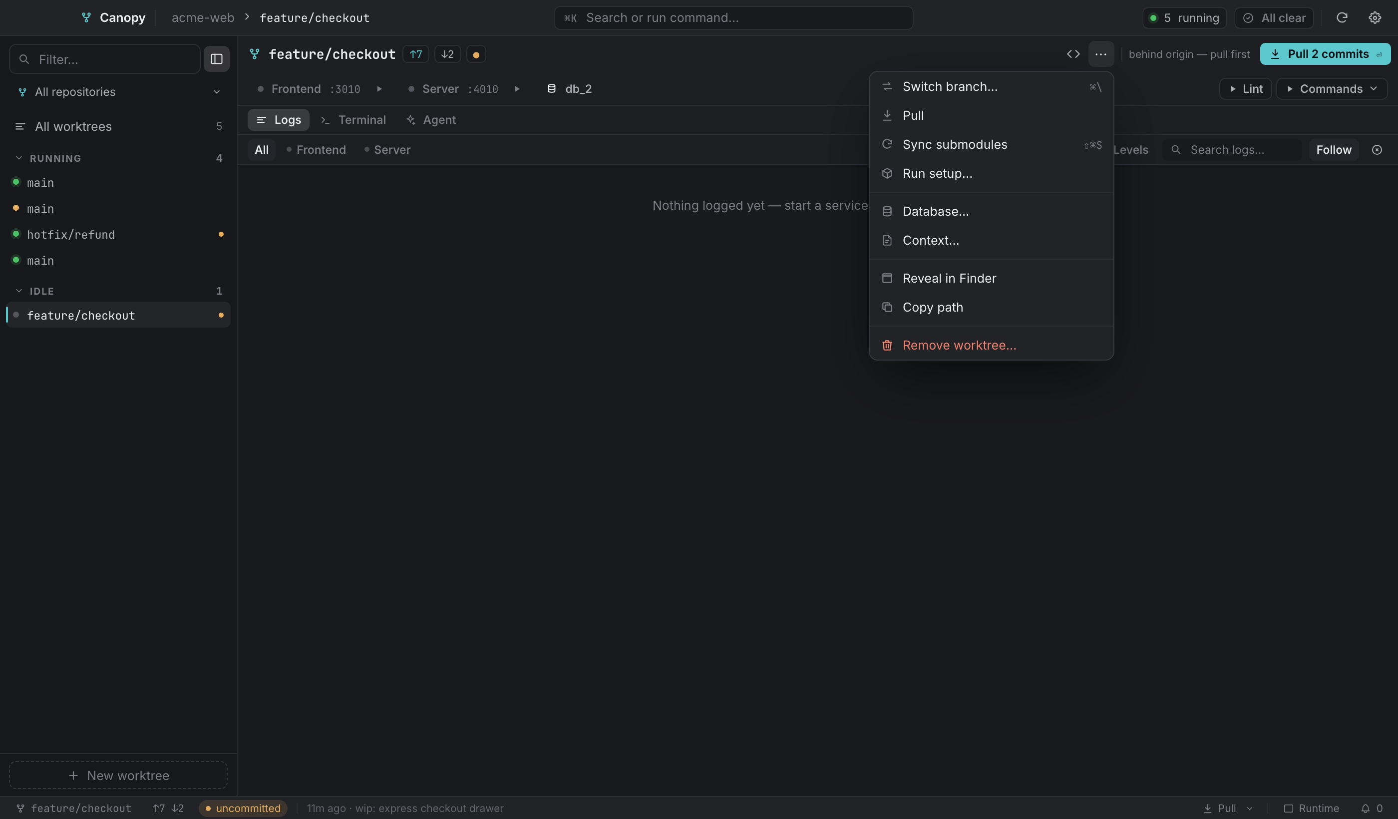 The worktree ⋯ menu: git operations, then file locations, then Remove worktree.