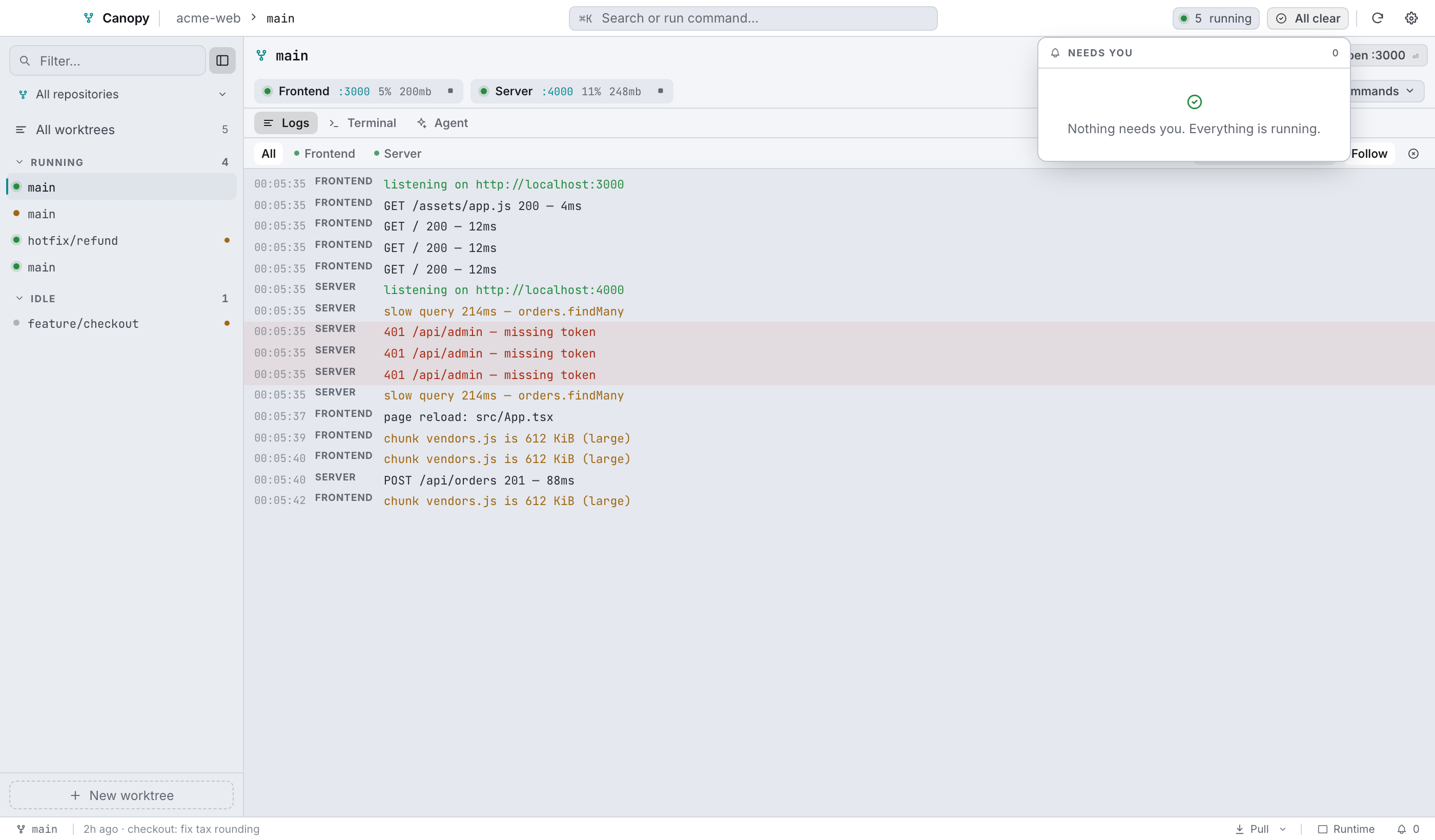 The attention queue: crashes and failed background jobs first, then blocked agents, then completions.