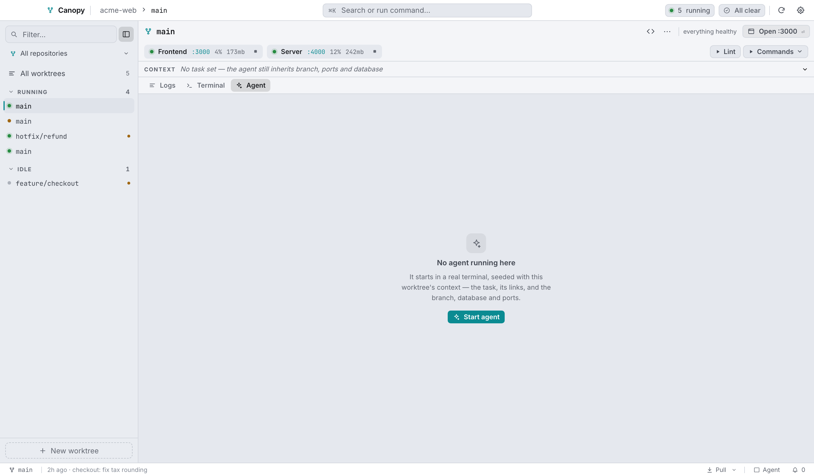 The Agent pane: the context bar above, and the empty state below.