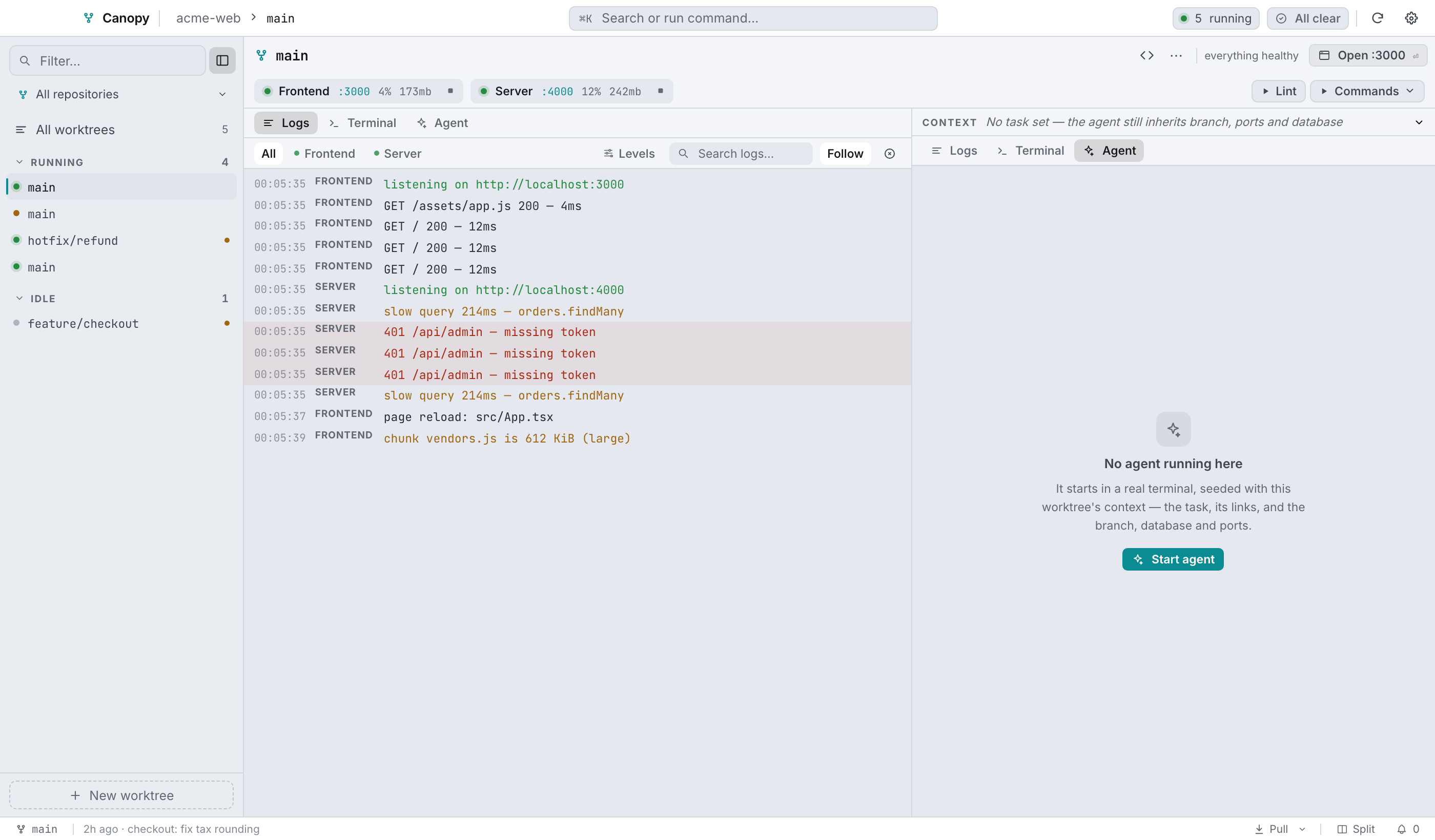 The split layout (⌘2): logs on the left, the agent pane on the right, with a draggable divider.