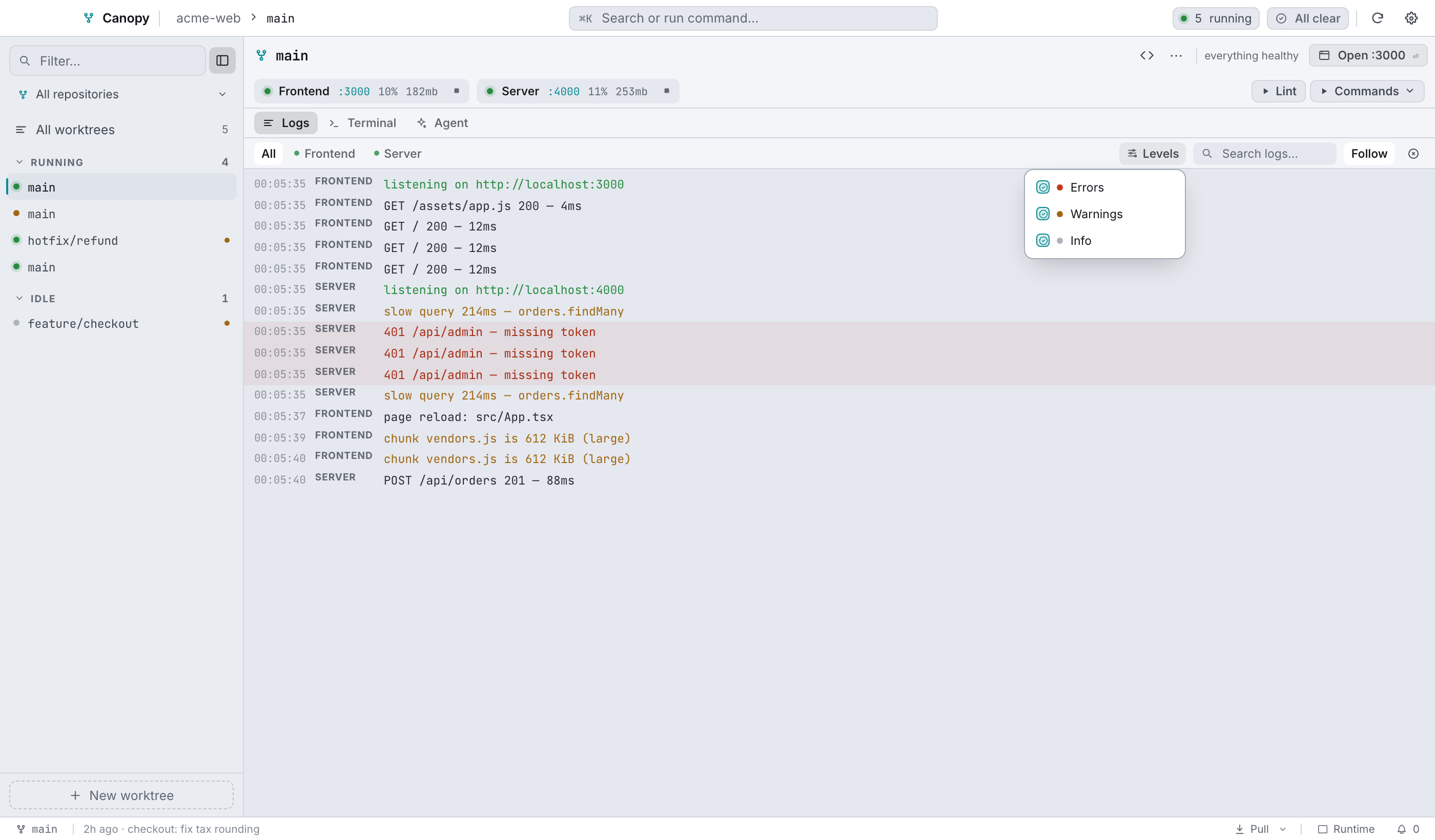 The level filter: Errors, Warnings and Info, with `ok` lines folded into Info.