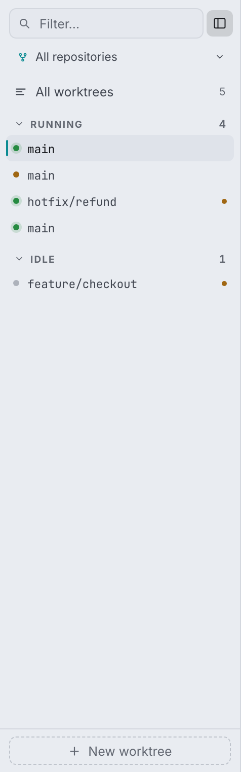 The sidebar: worktrees grouped by state, with quick actions on each row.