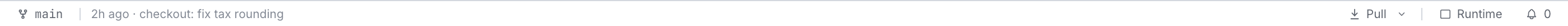 The status bar: branch, git state, the last commit, and the Pull control with its submodule menu.