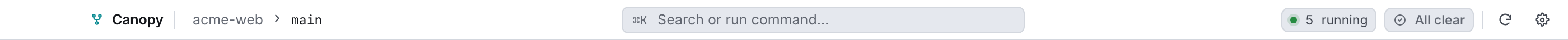 The top bar: breadcrumb, command palette, running count, attention queue, Sync and Settings.