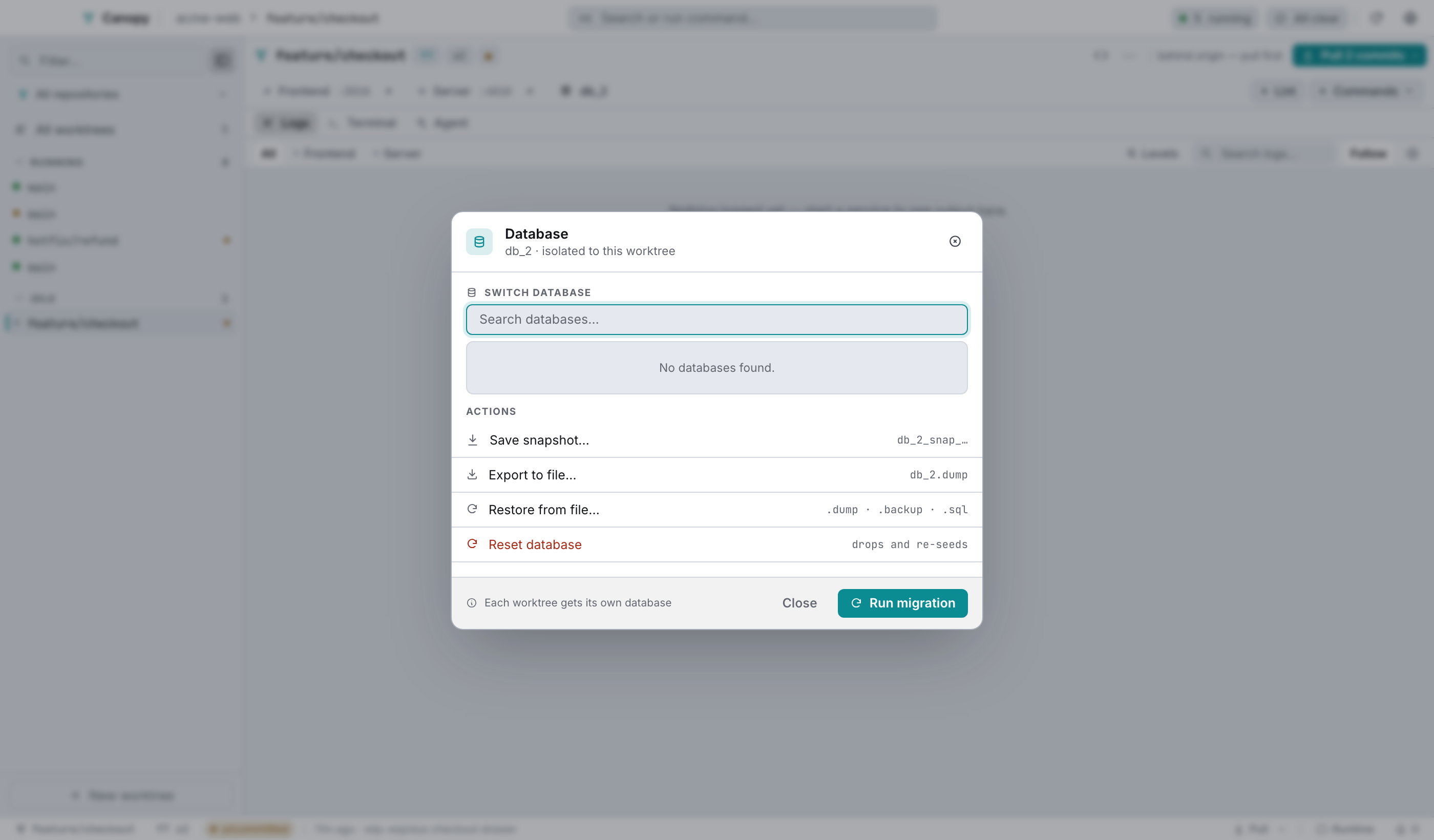 The database dialog: the switcher, then snapshot, export, restore, and reset.