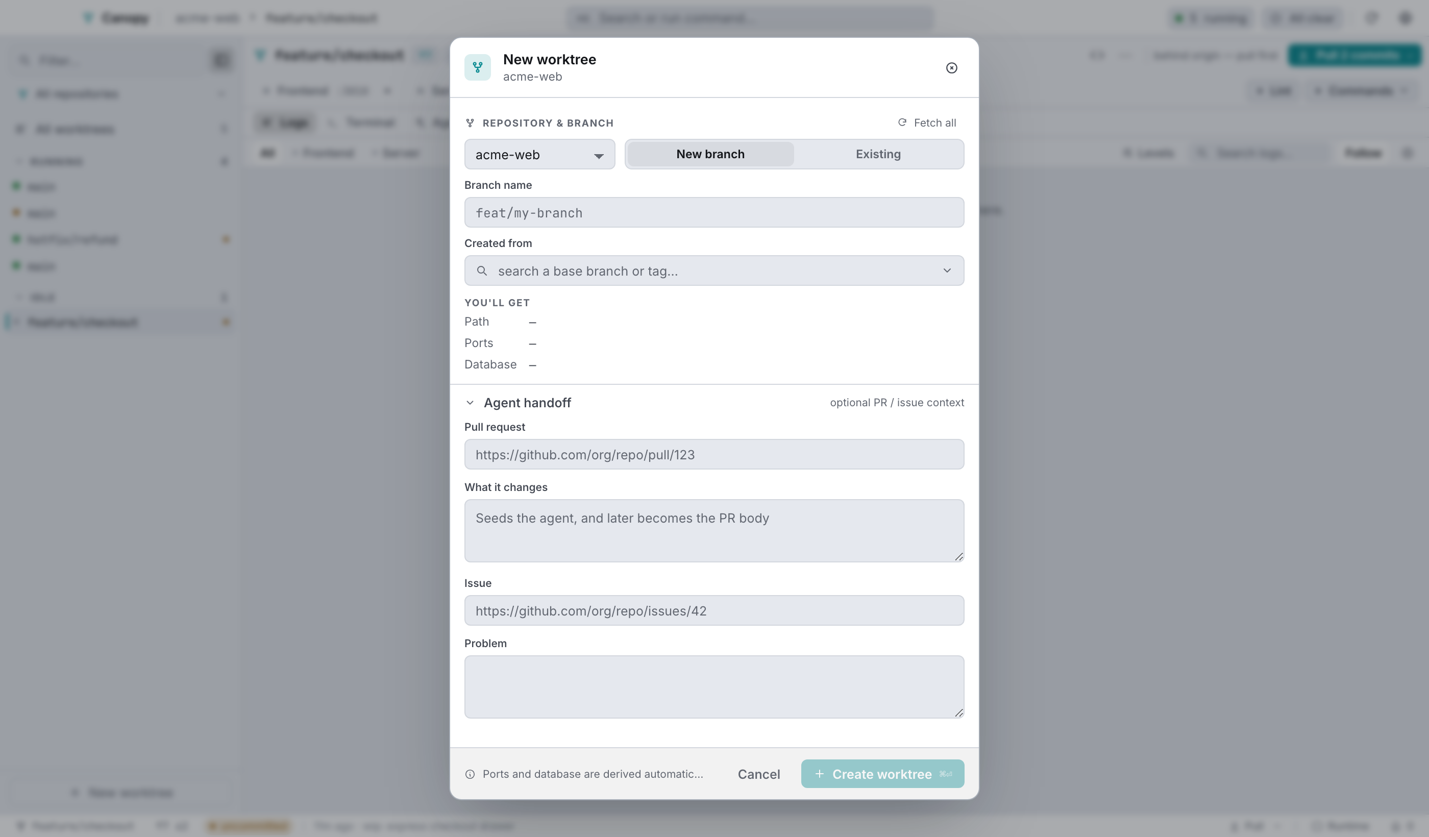 The agent handoff is collapsed by default: a PR link, an issue link, and what each one is about.