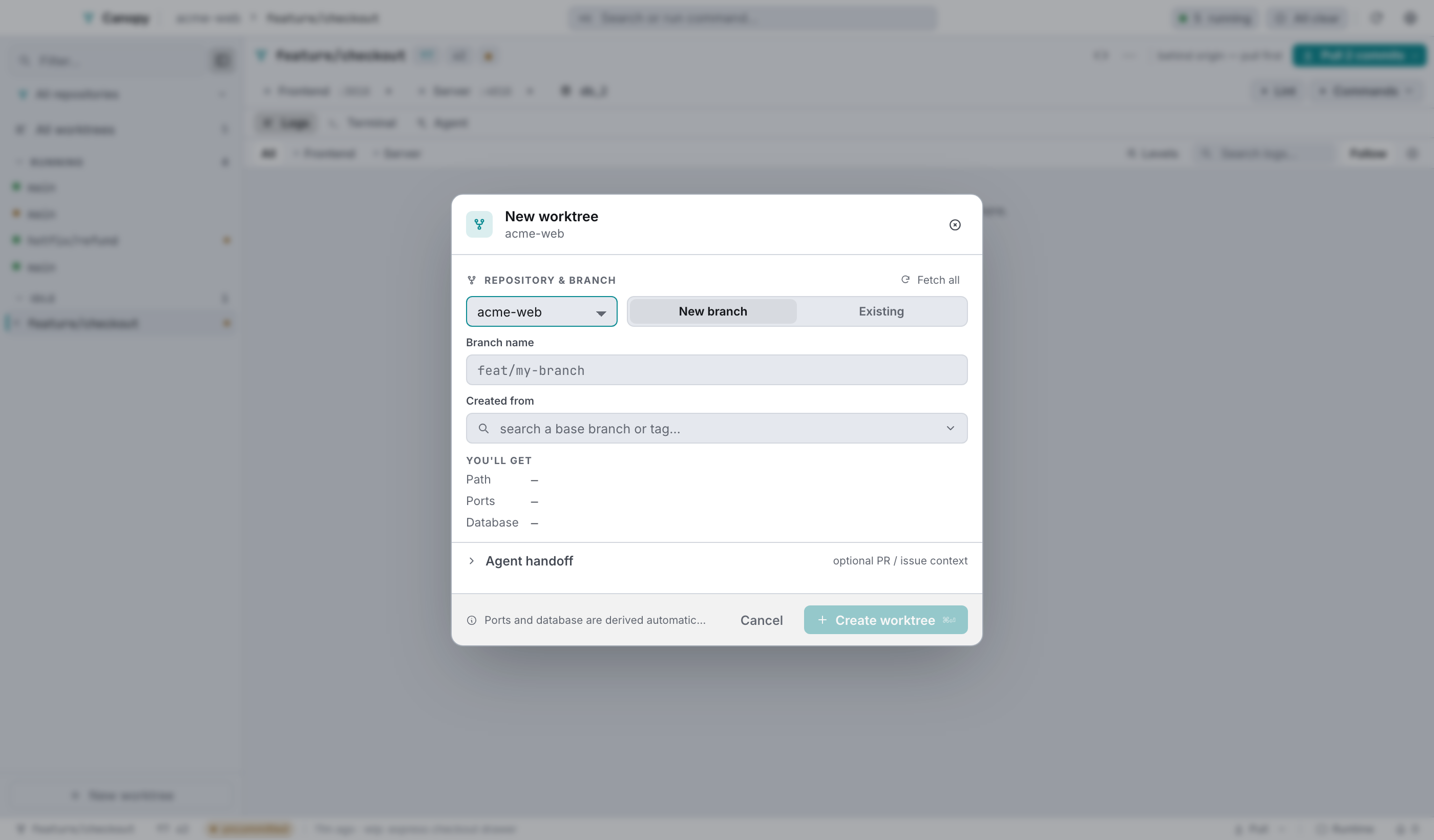 New worktree: repository, mode, ref, destination, and an optional agent handoff.