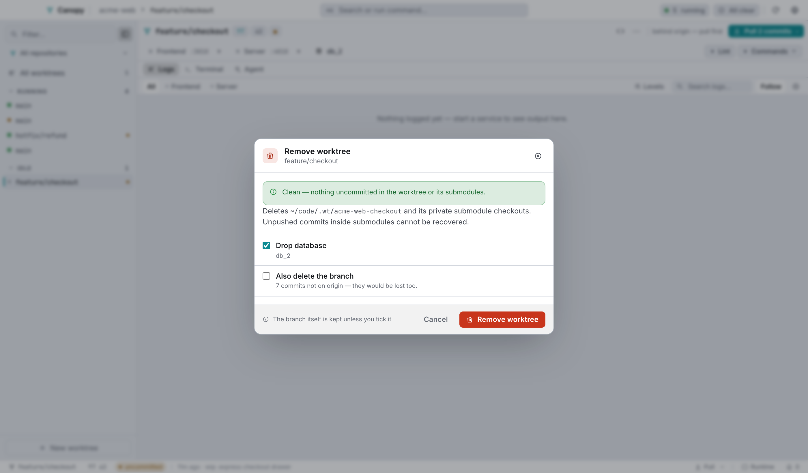 Remove worktree: the dirty precheck lists what would be lost.