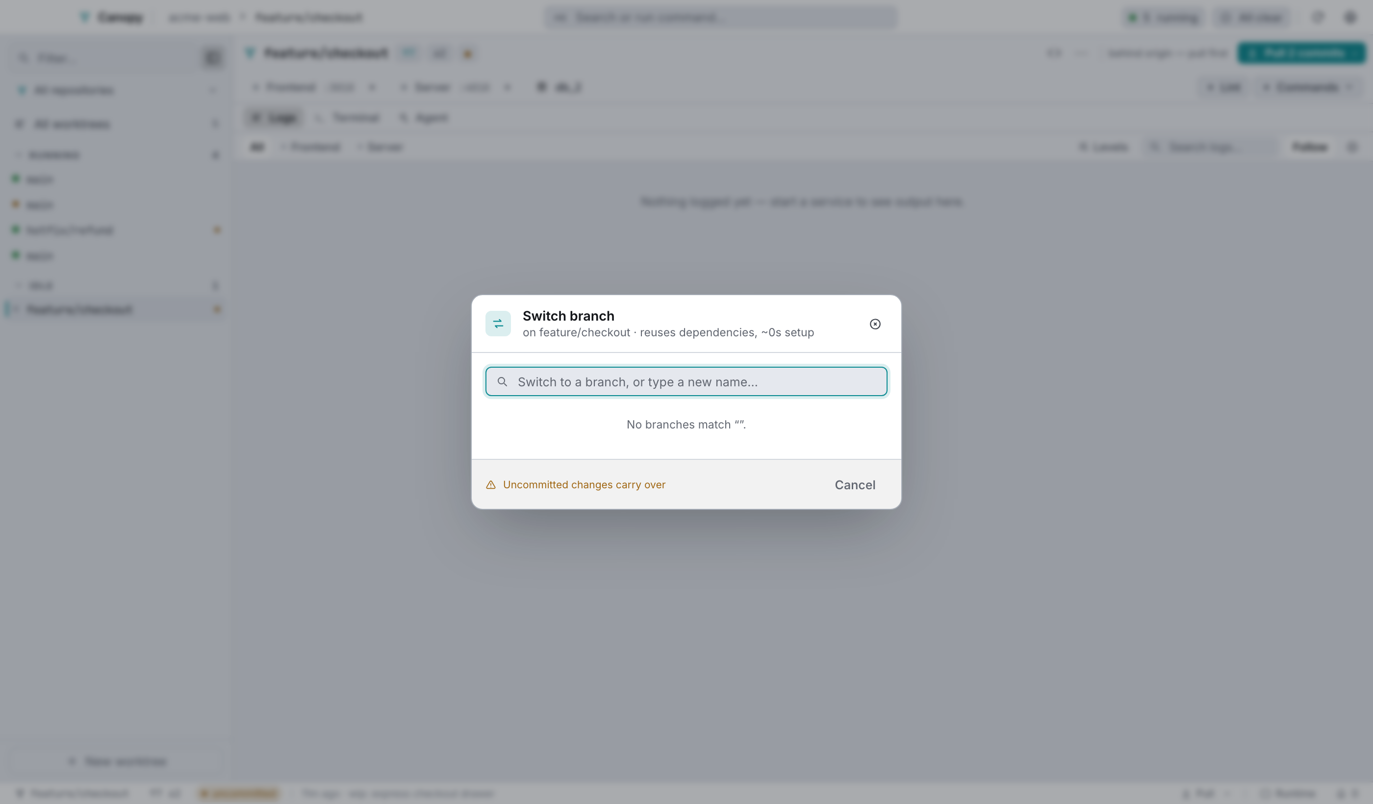 Switch branch: type to filter, or type a new name to create one off the current branch.