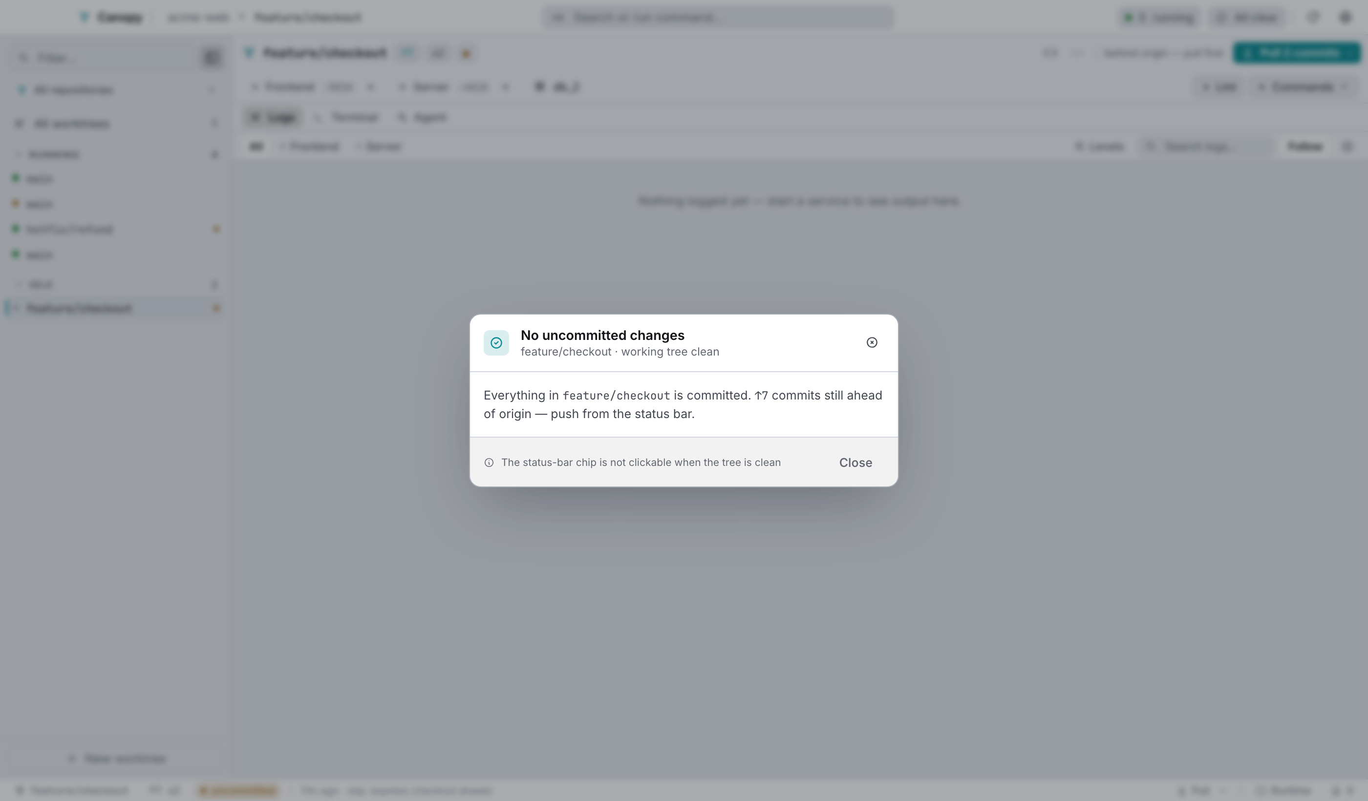 The uncommitted-changes dialog with a clean working tree. The status-bar chip is not clickable in this state.