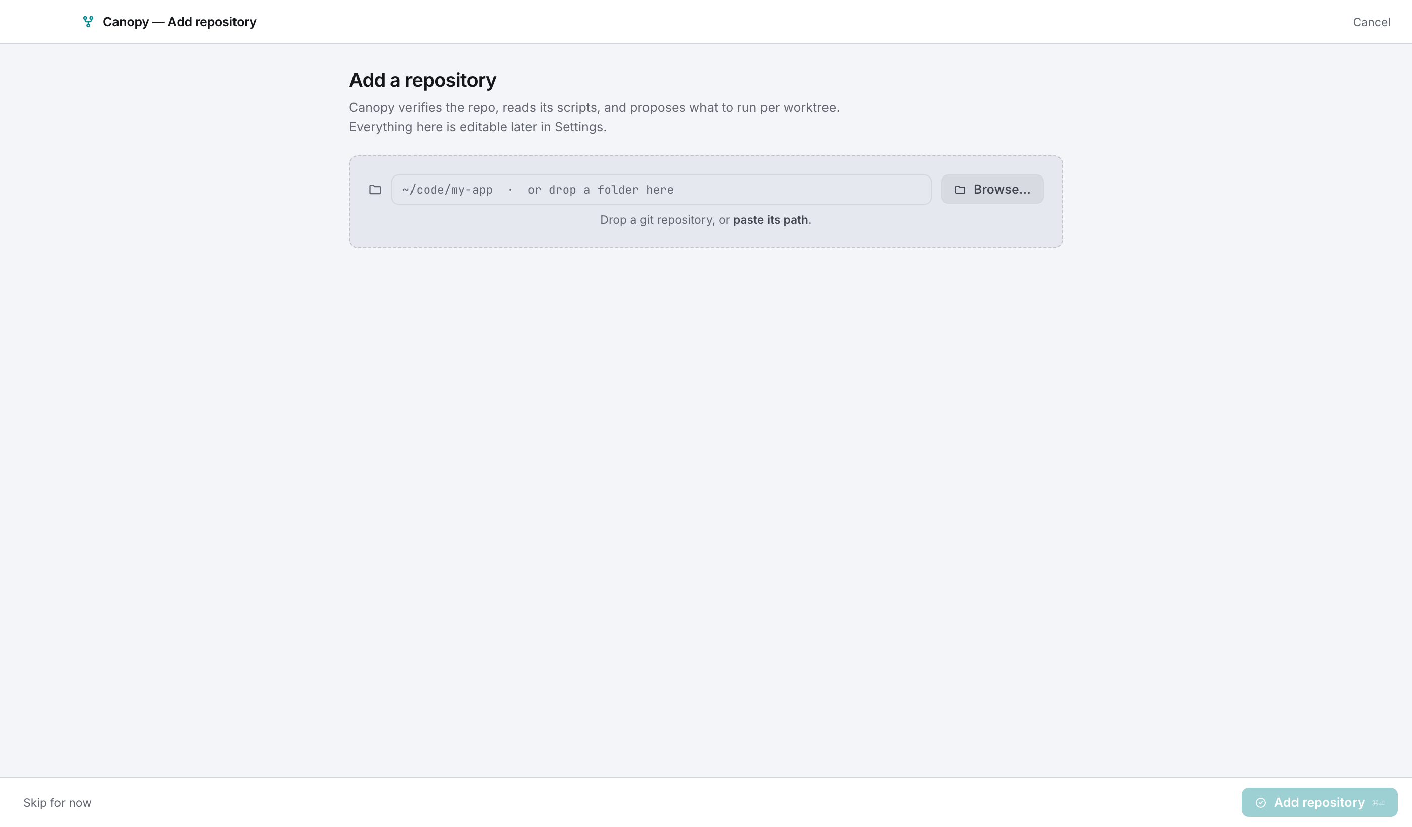 The add-repository screen: the path field also accepts a dropped folder, and detection runs as you type.