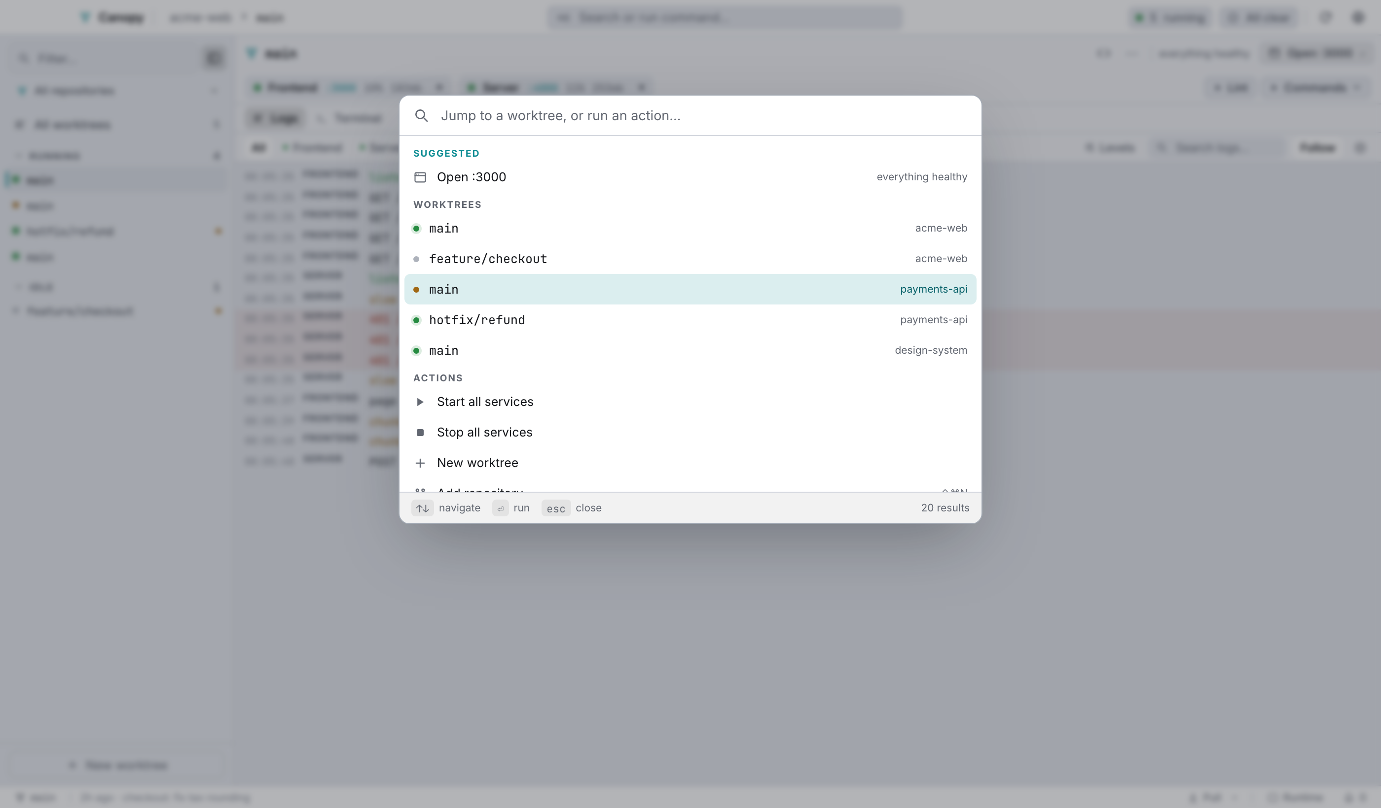 The command palette: suggested actions first, then worktrees, then commands.