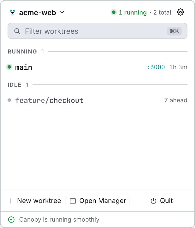 The menu-bar popover: repo picker, filter, worktrees grouped by state, and per-row actions.