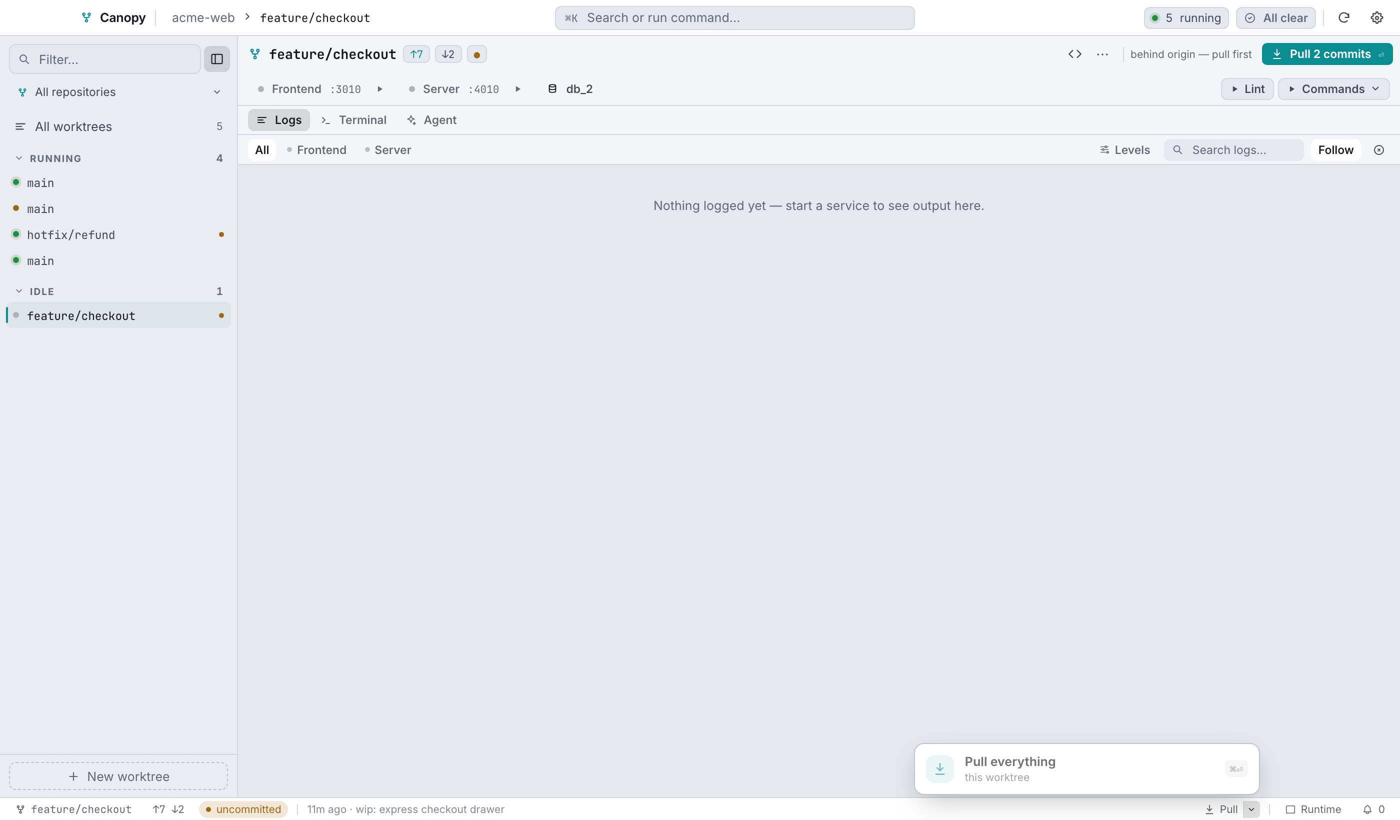Per-submodule state and control, from the status bar.