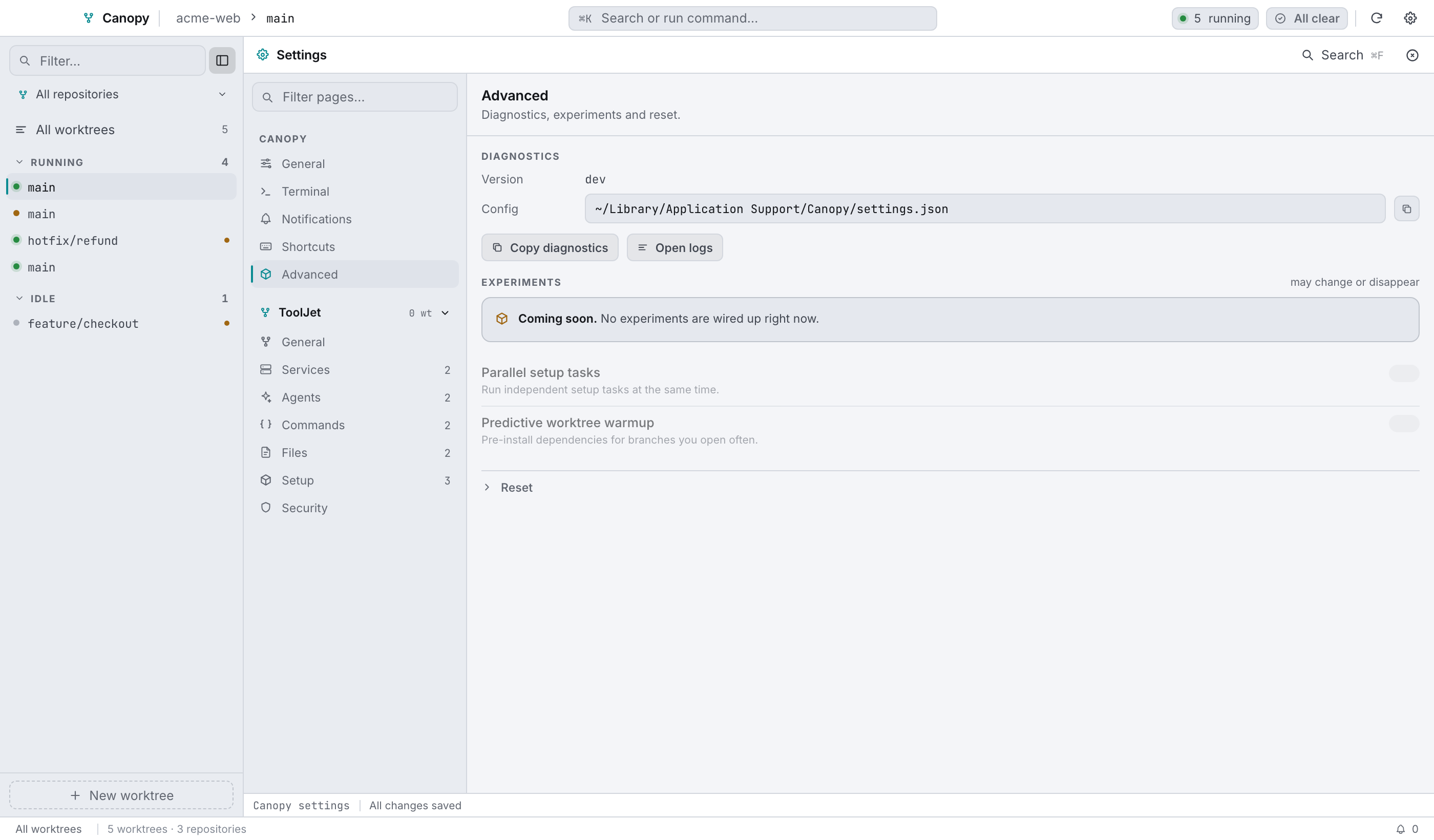 Settings → Advanced: version and config path are live; experiments and reset are not implemented yet.