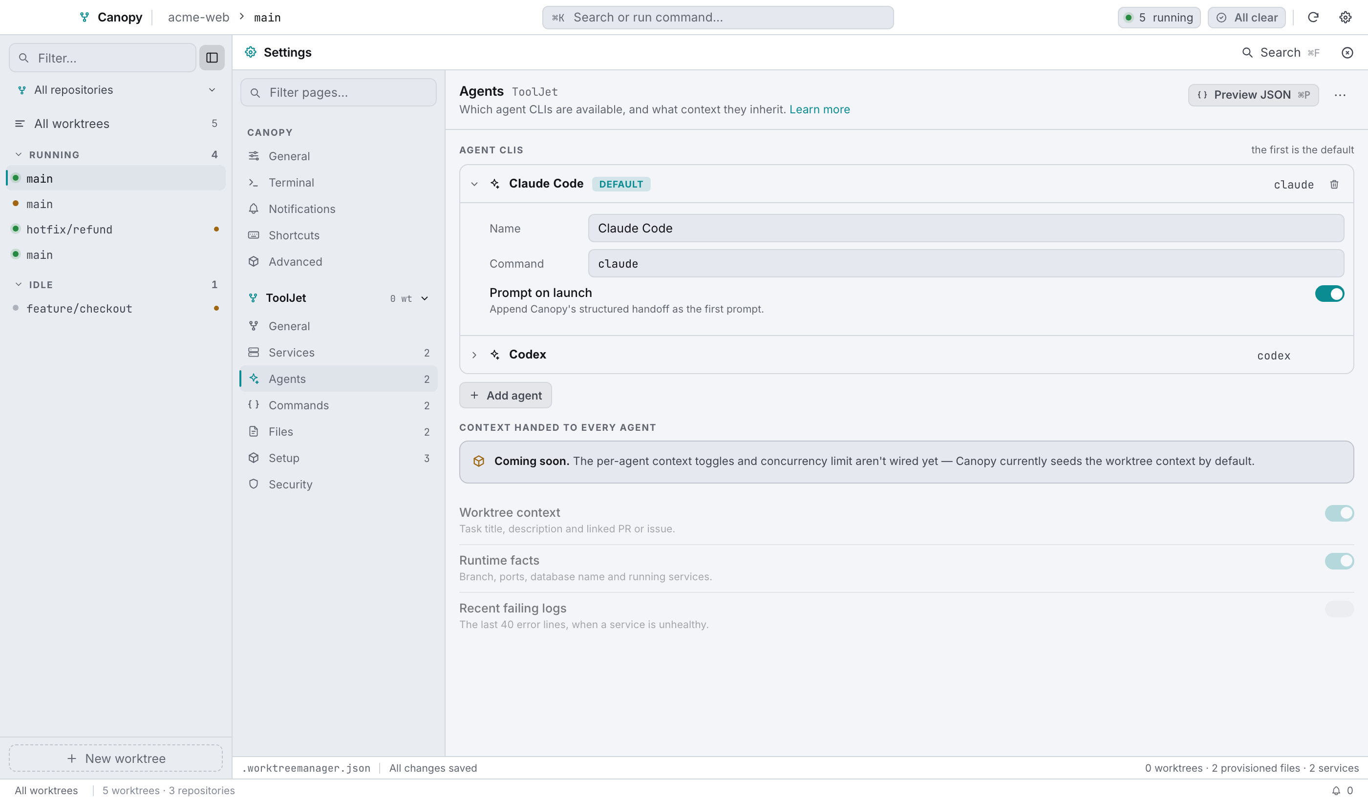 Agent CLIs: the first is the default, and any of them can be promoted.