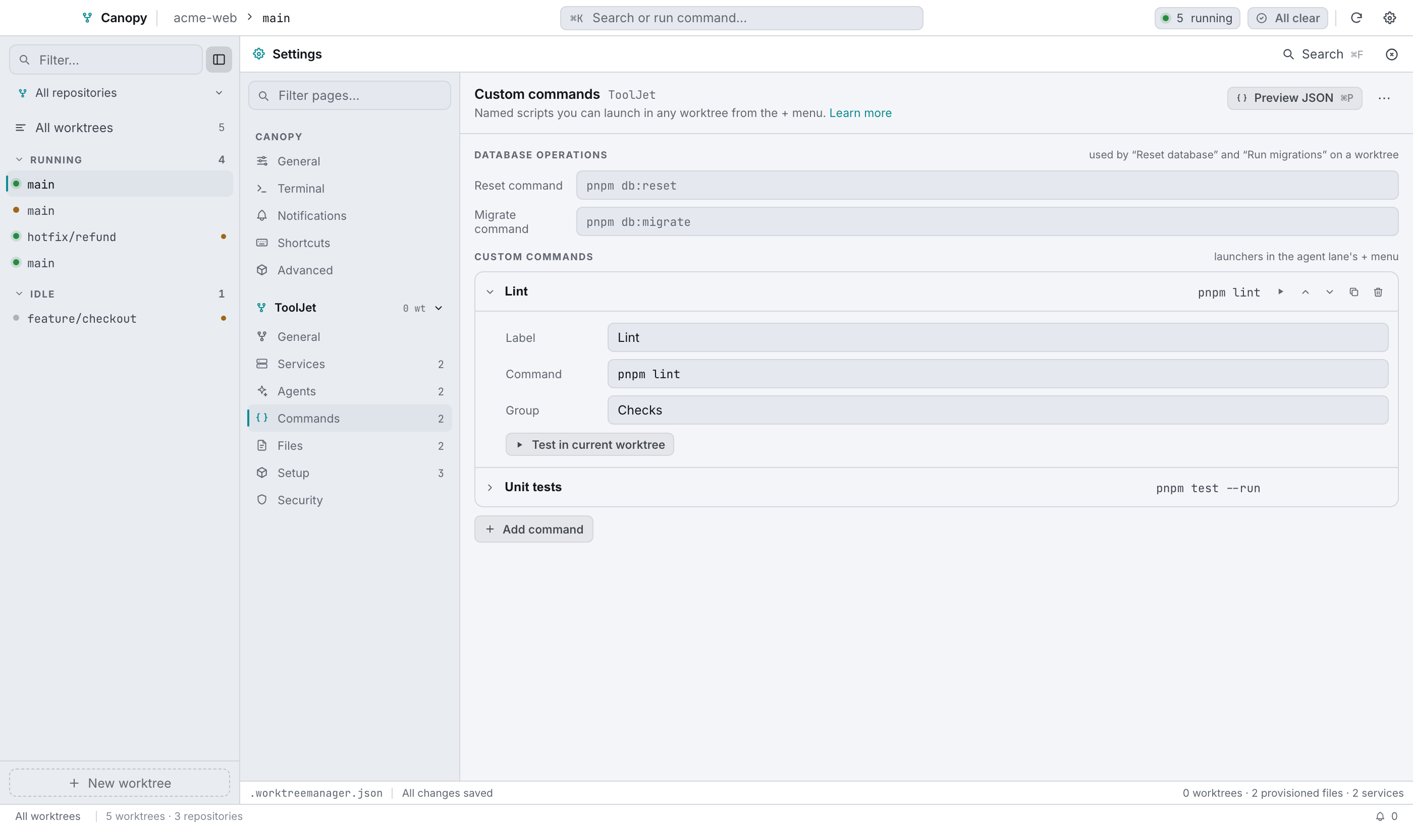 Database operations at the top, then custom commands with groups and a test run.