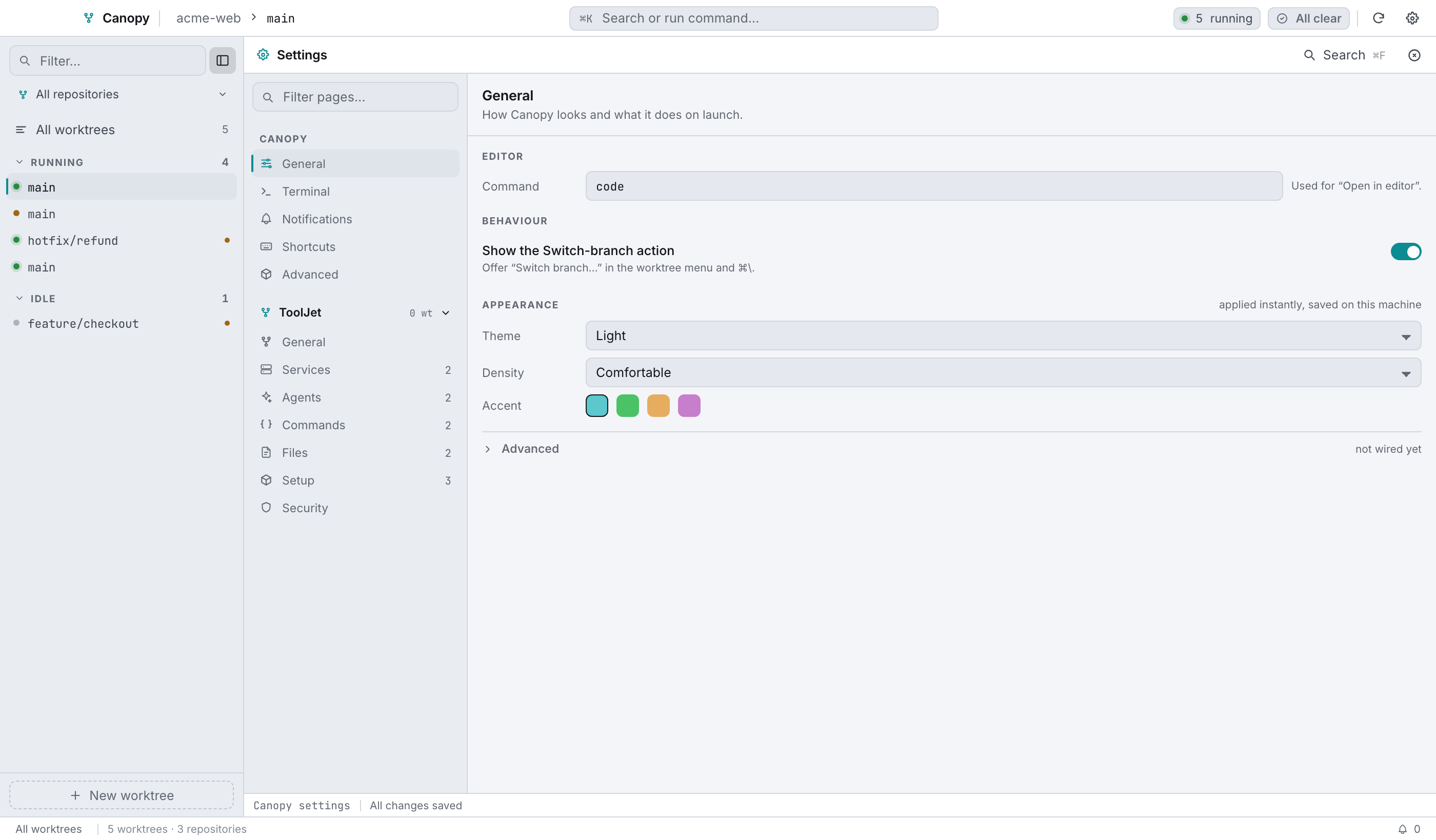 Settings → General: editor command, behaviour, and the live Appearance controls.