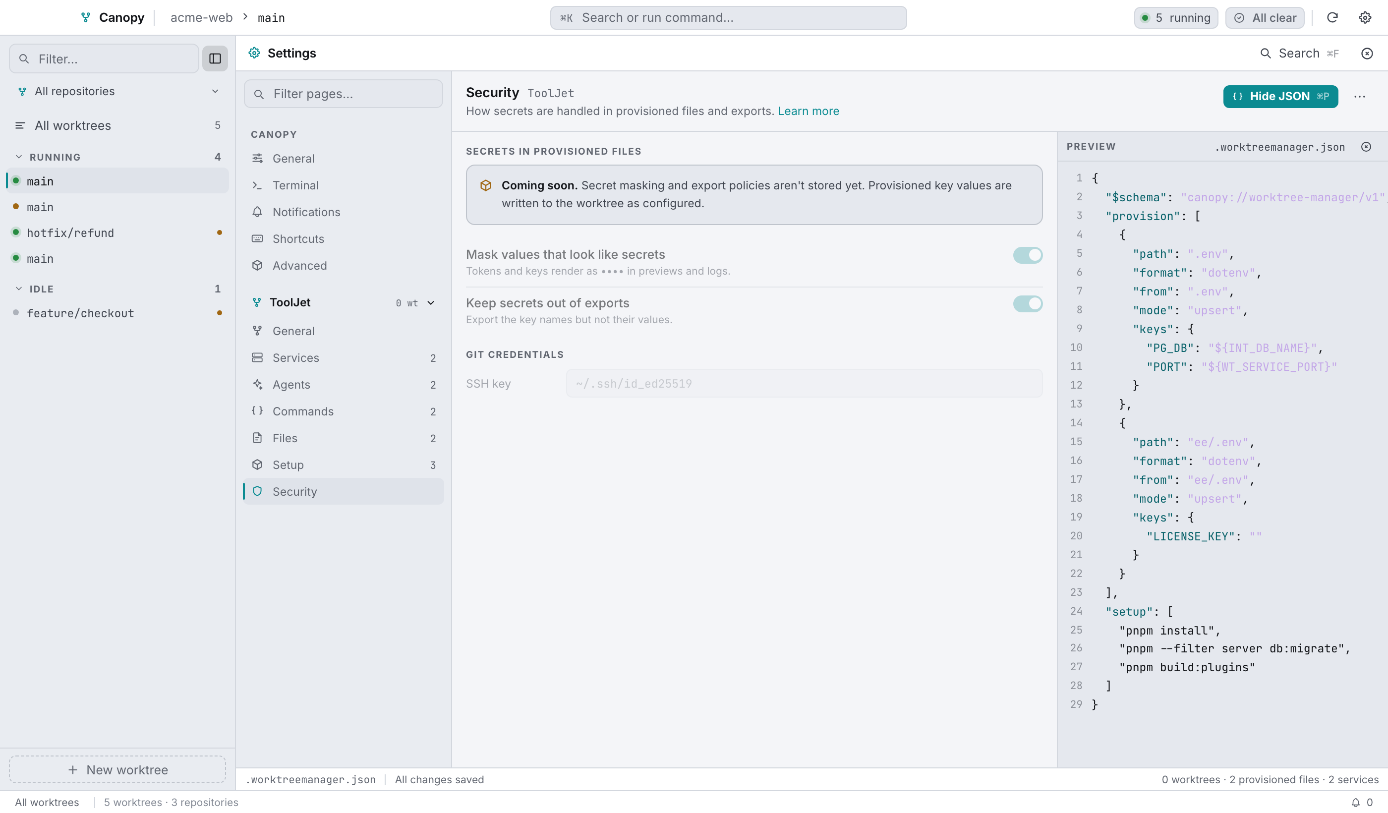 ⌘P shows exactly what will be written to .worktreemanager.json.